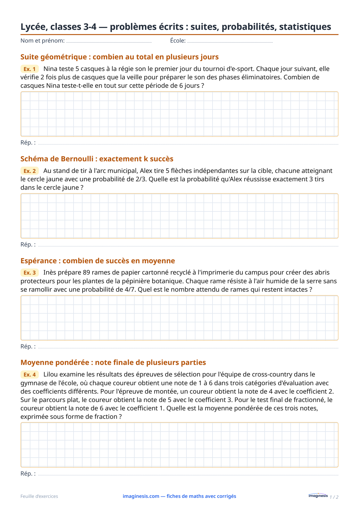 Lycée, classes 3-4 — problèmes écrits : suites, probabilités, statistiques — Fiche élève : fiche de maths à imprimer (Niveaux 11–12, Pologne)