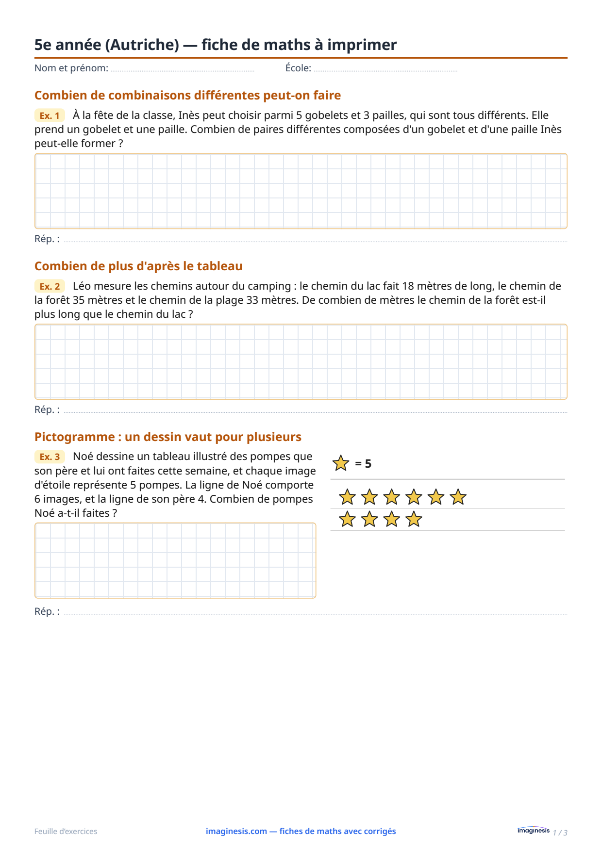 5e année (Autriche) — fiche de maths à imprimer — Fiche élève : fiche de maths à imprimer (5e année, Autriche)