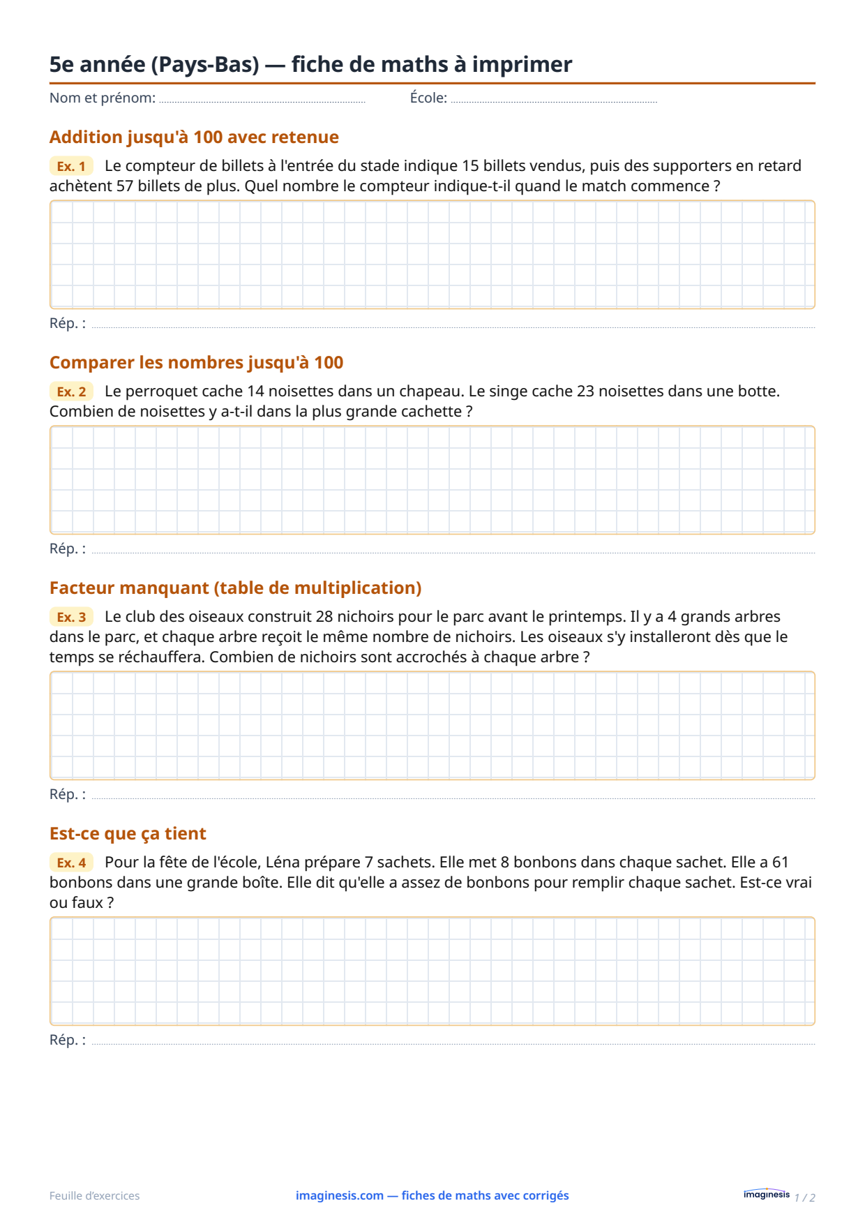 5e année (Pays-Bas) — fiche de maths à imprimer — Fiche élève : fiche de maths à imprimer (5e année, Pays-Bas)