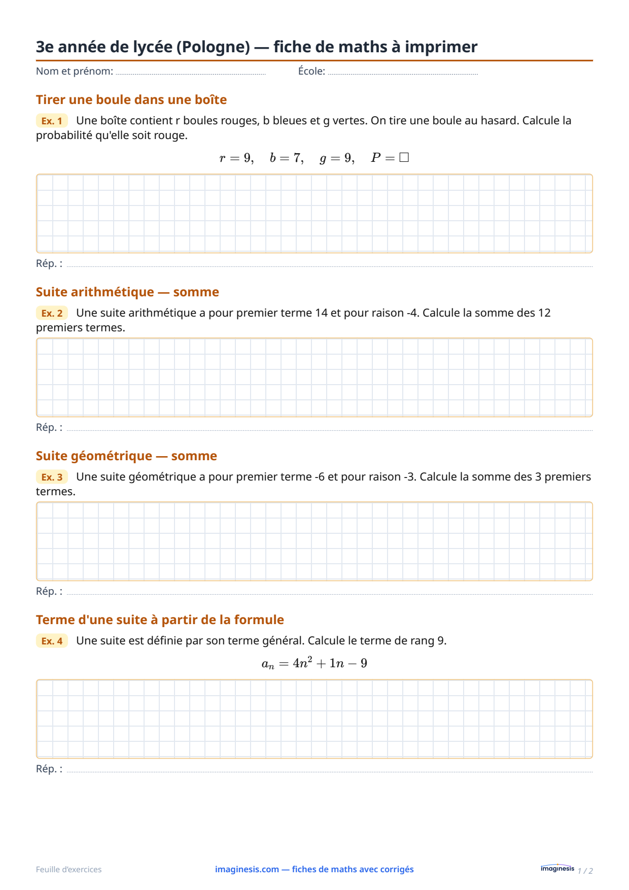 3e année de lycée (Pologne) — fiche de maths à imprimer — Fiche élève : fiche de maths à imprimer (3e année de lycée, Pologne)