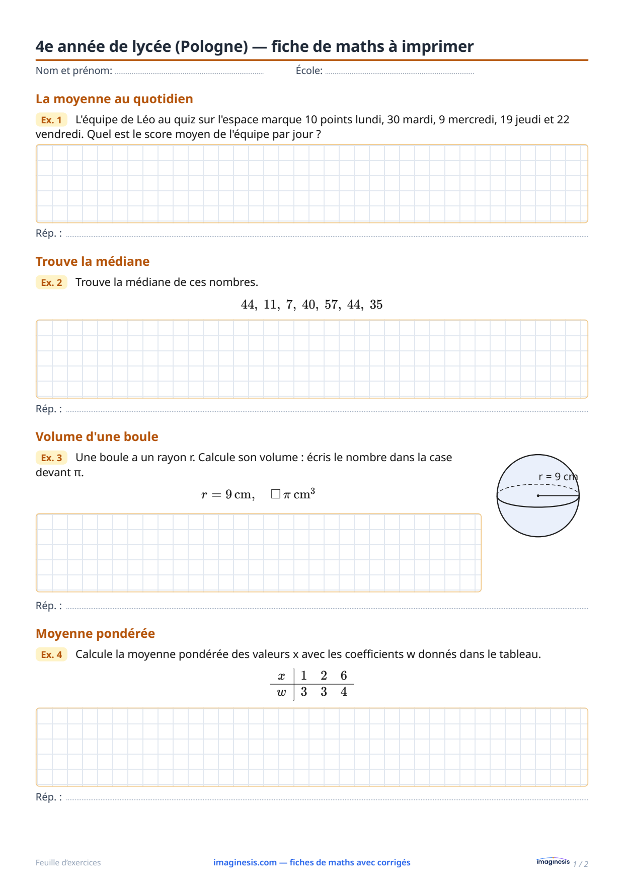 4e année de lycée (Pologne) — fiche de maths à imprimer — Fiche élève : fiche de maths à imprimer (4e année de lycée, Pologne)