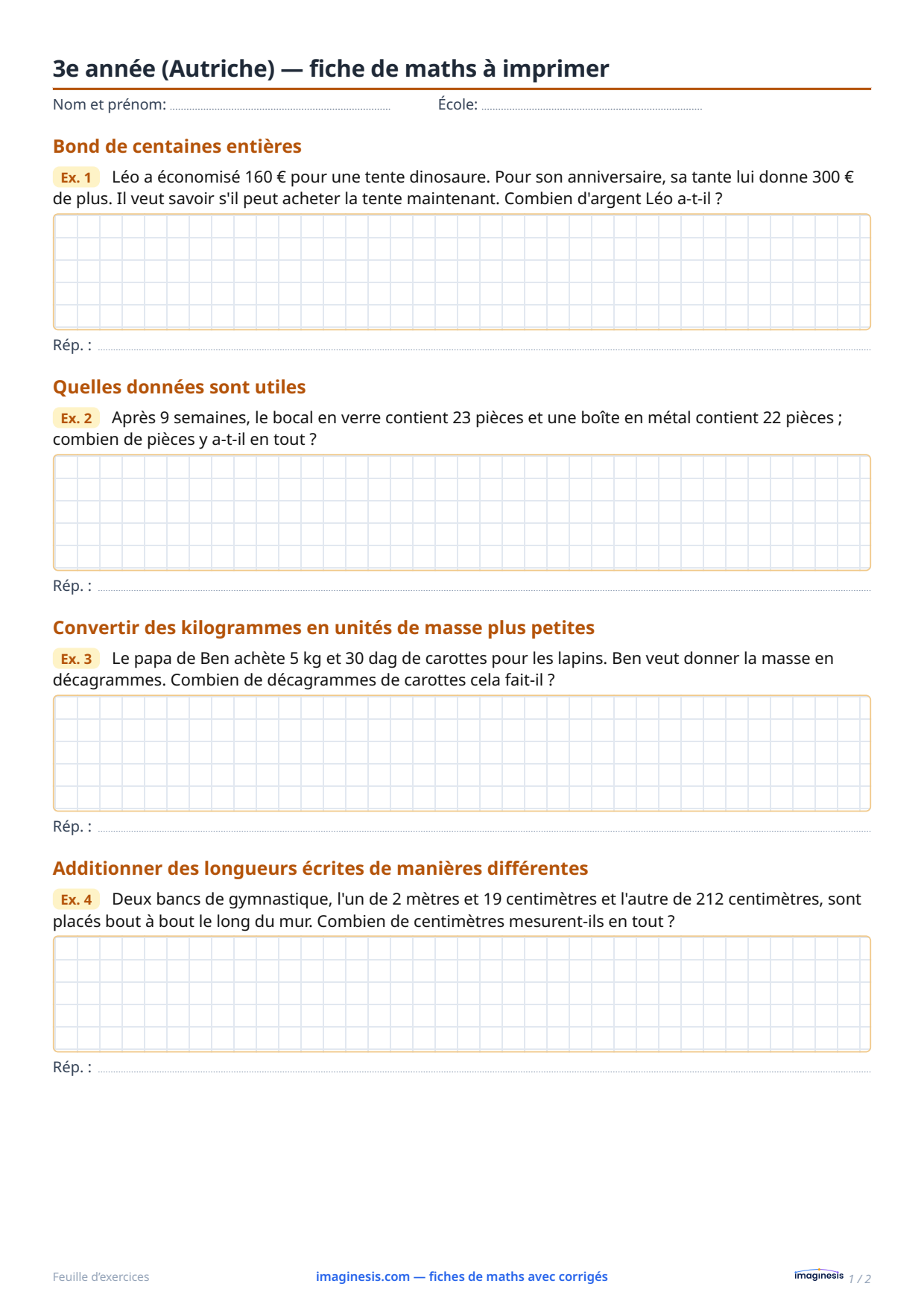3e année (Autriche) — fiche de maths à imprimer — Fiche élève : fiche de maths à imprimer (3e année, Autriche)