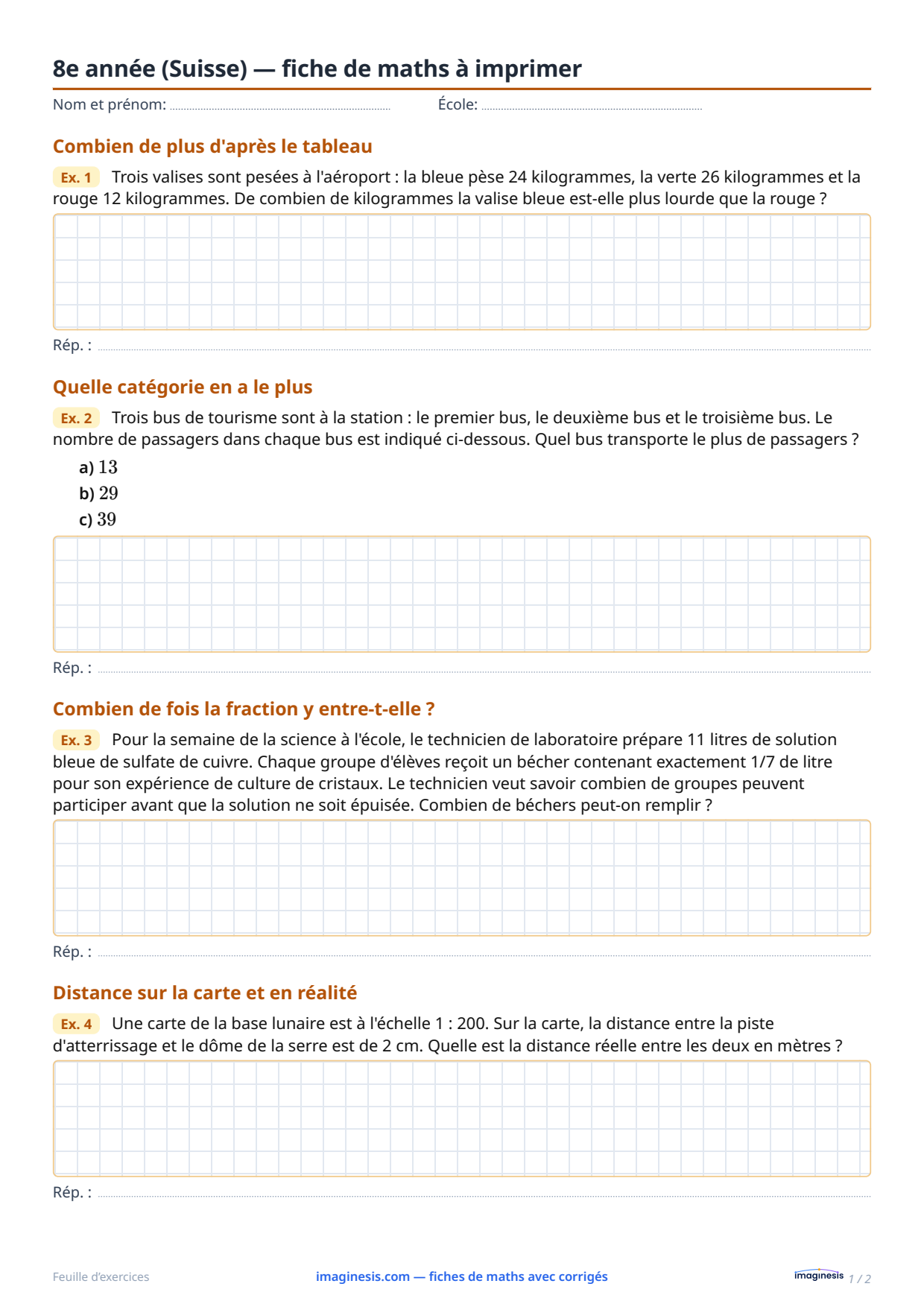 8e année (Suisse) — fiche de maths à imprimer — Fiche élève : fiche de maths à imprimer (8e année, Suisse)