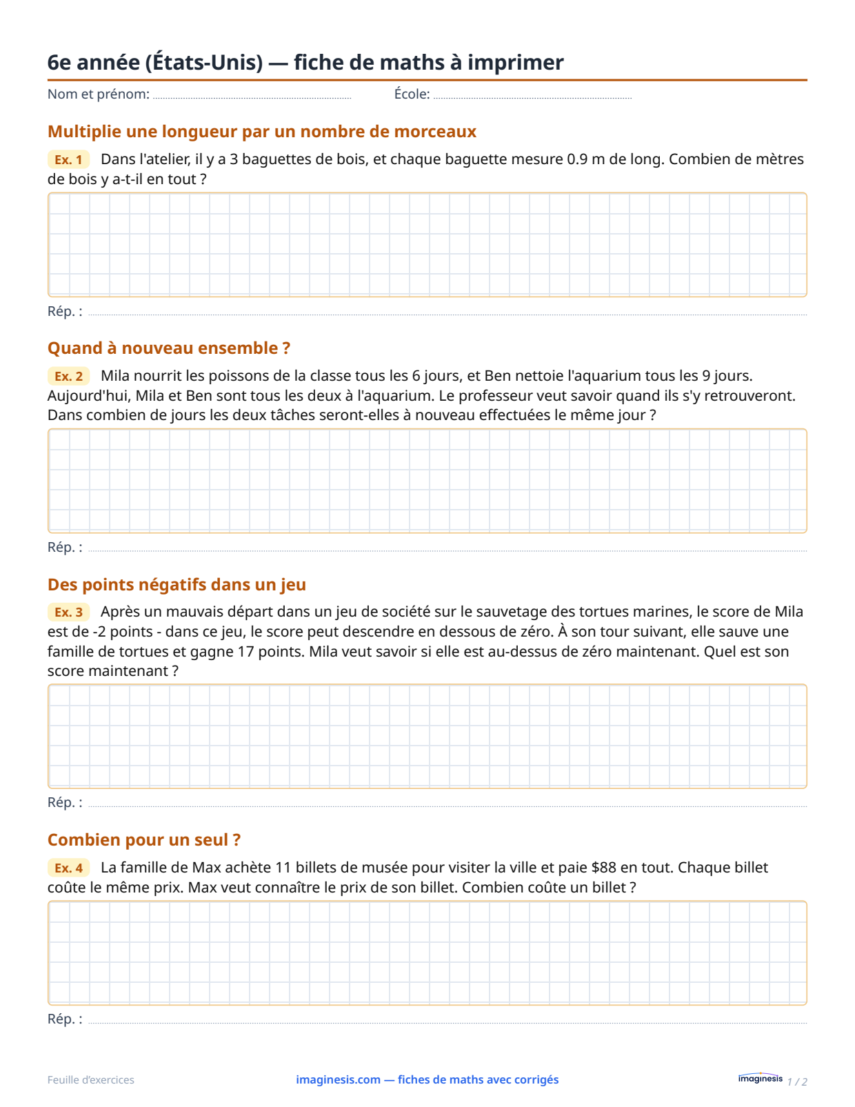 6e année (États-Unis) — fiche de maths à imprimer — Fiche élève : fiche de maths à imprimer (6e année, États-Unis)