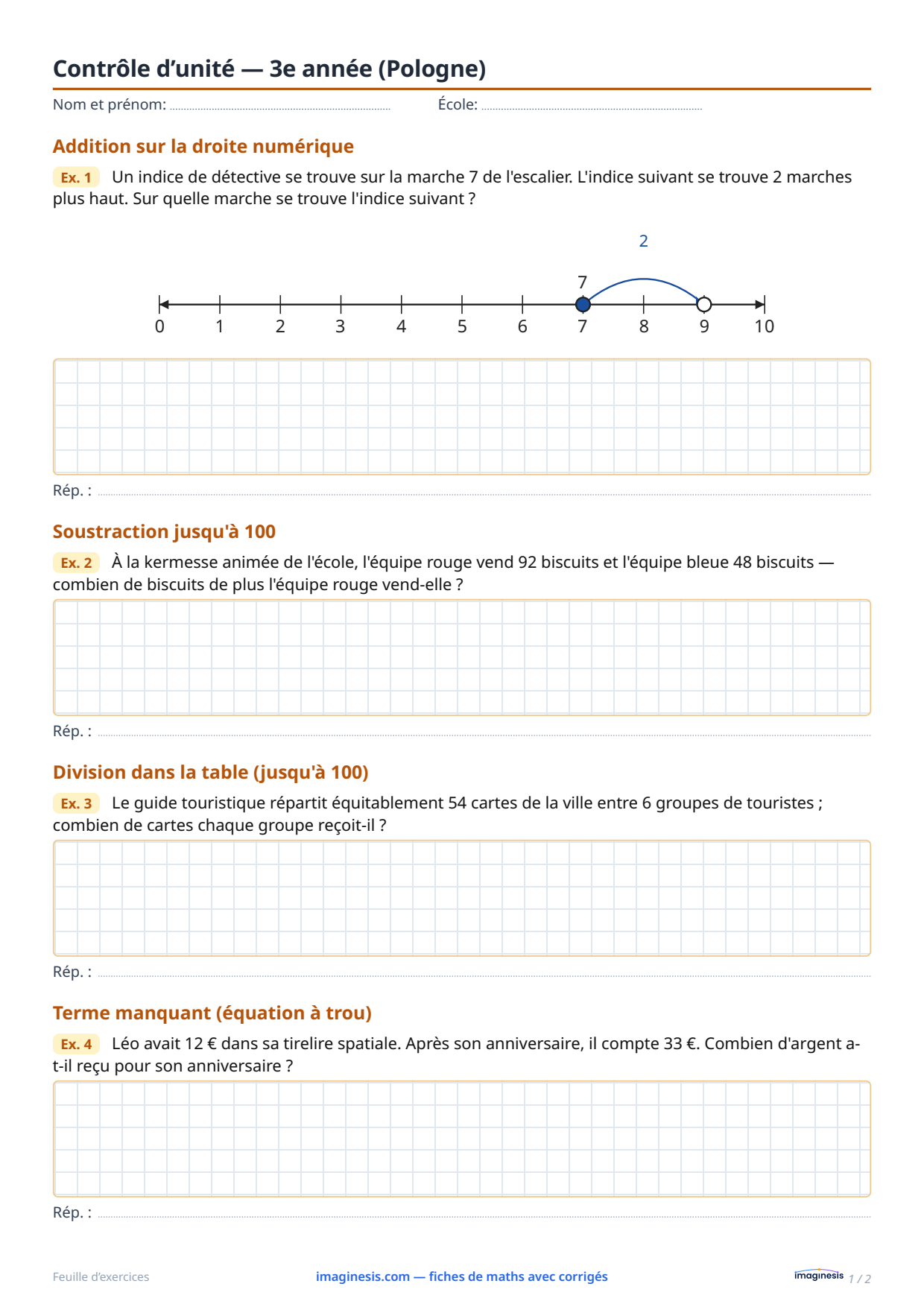 Contrôle d’unité — 3e année (Pologne) — Fiche élève : fiche de maths à imprimer (3e année, Pologne)