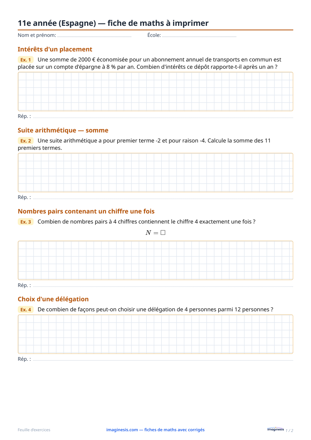11e année (Espagne) — fiche de maths à imprimer — Fiche élève : fiche de maths à imprimer (11e année, Espagne)
