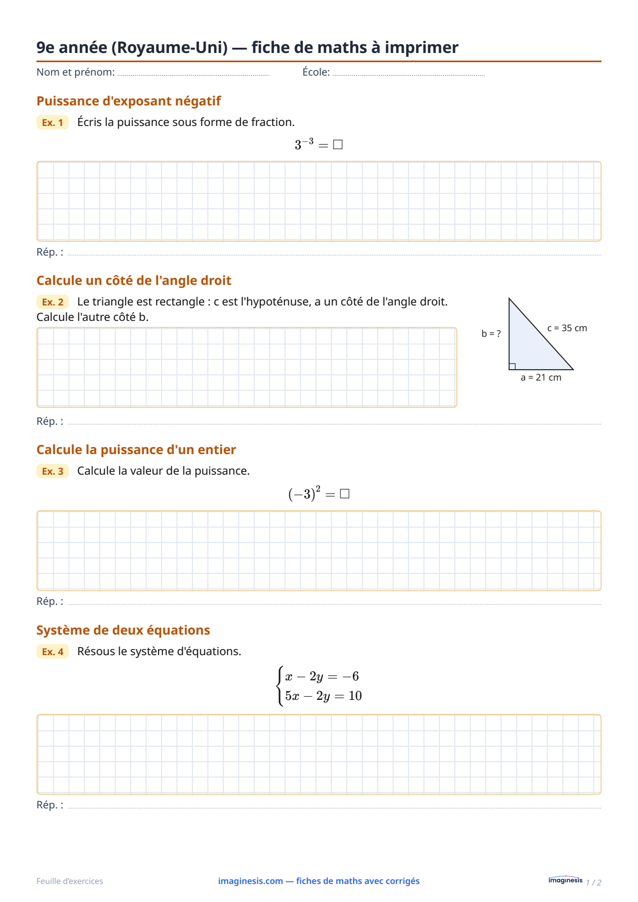 9e année (Royaume-Uni) — fiche de maths à imprimer — Fiche élève : fiche de maths à imprimer (9e année, Royaume-Uni)