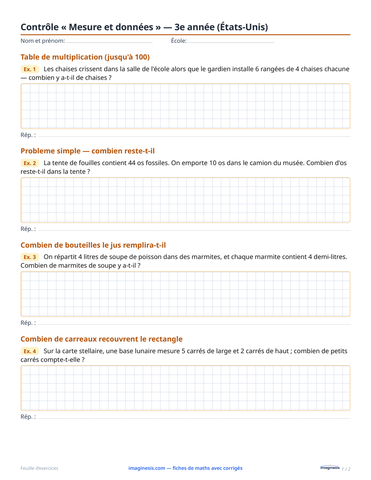 Contrôle « Mesure et données » — 3e année (États-Unis) — Fiche élève : fiche de maths à imprimer (3e année, États-Unis)