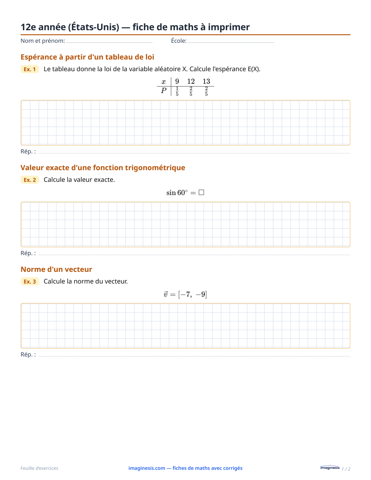 12e année (États-Unis) — fiche de maths à imprimer — Fiche élève : fiche de maths à imprimer (12e année, États-Unis)