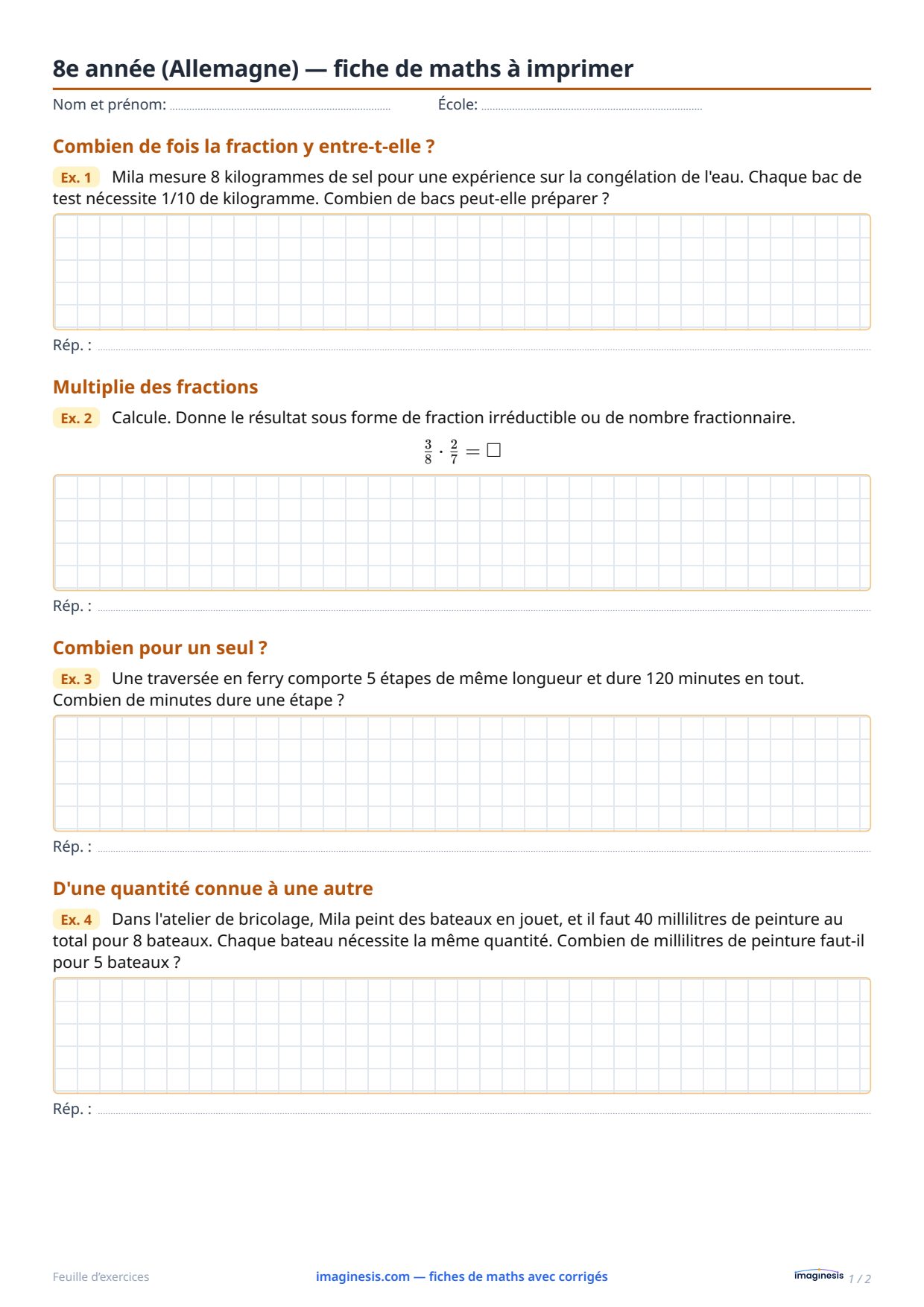 8e année (Allemagne) — fiche de maths à imprimer — Fiche élève : fiche de maths à imprimer (8e année, Allemagne)