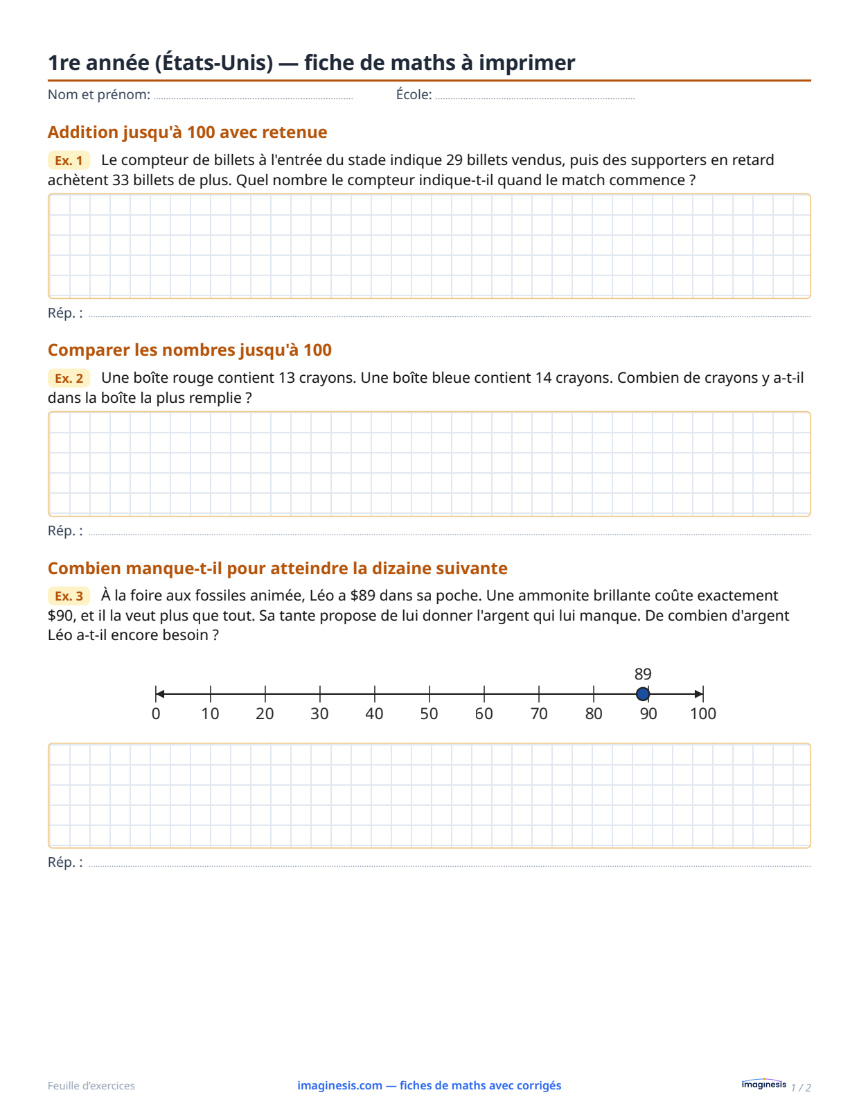 1re année (États-Unis) — fiche de maths à imprimer — Fiche élève : fiche de maths à imprimer (1re année, États-Unis)