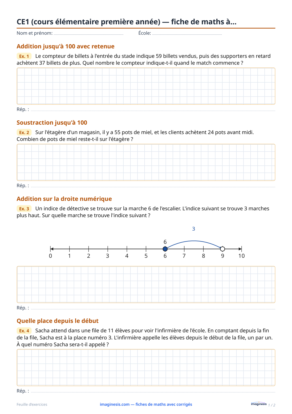 CE1 (cours élémentaire première année) — fiche de maths à… — Fiche élève : fiche de maths à imprimer (CE1 (cours élémentaire première année), France)