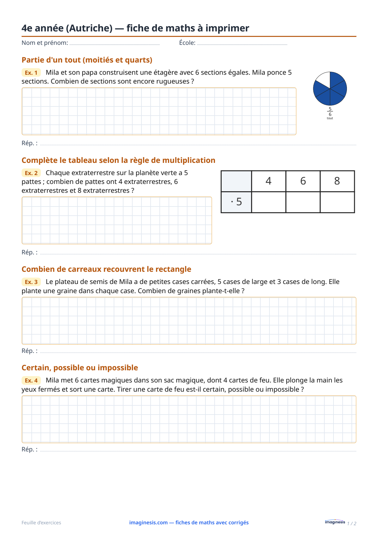 4e année (Autriche) — fiche de maths à imprimer — Fiche élève : fiche de maths à imprimer (4e année, Autriche)