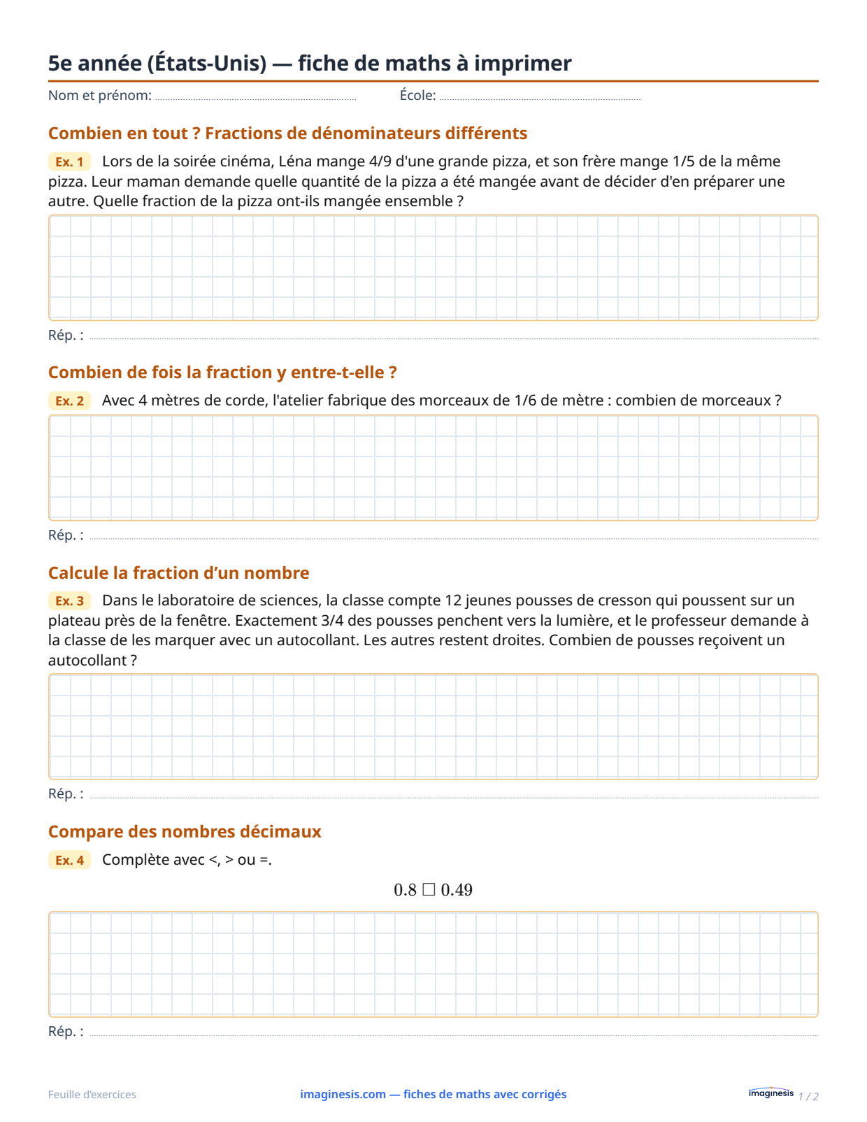 5e année (États-Unis) — fiche de maths à imprimer — Fiche élève : fiche de maths à imprimer (5e année, États-Unis)