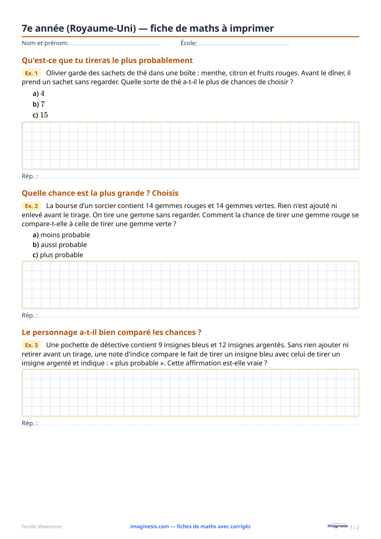 7e année (Royaume-Uni) — fiche de maths à imprimer — Fiche élève : fiche de maths à imprimer (7e année, Royaume-Uni)
