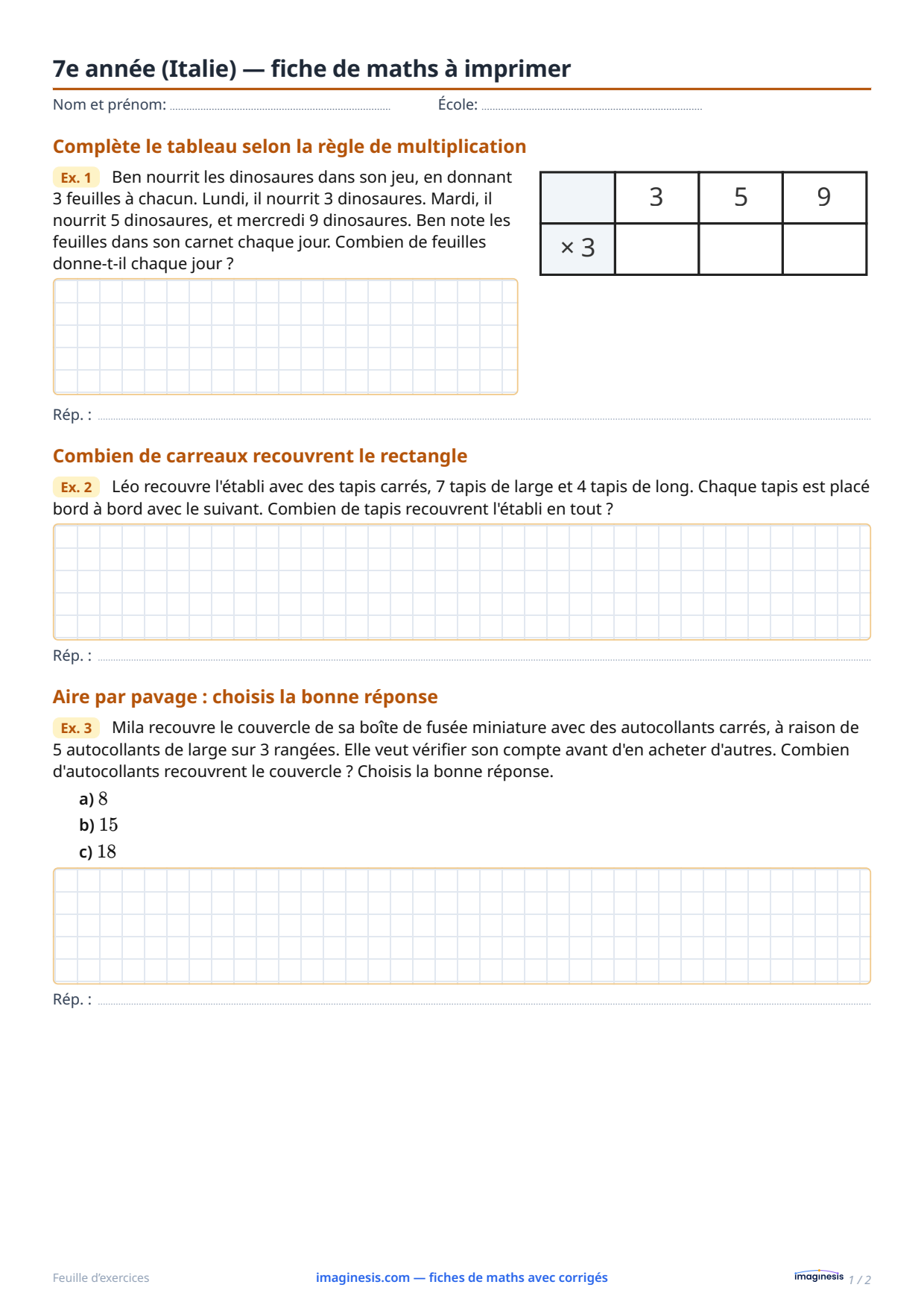 7e année (Italie) — fiche de maths à imprimer — Fiche élève : fiche de maths à imprimer (7e année, Italie)
