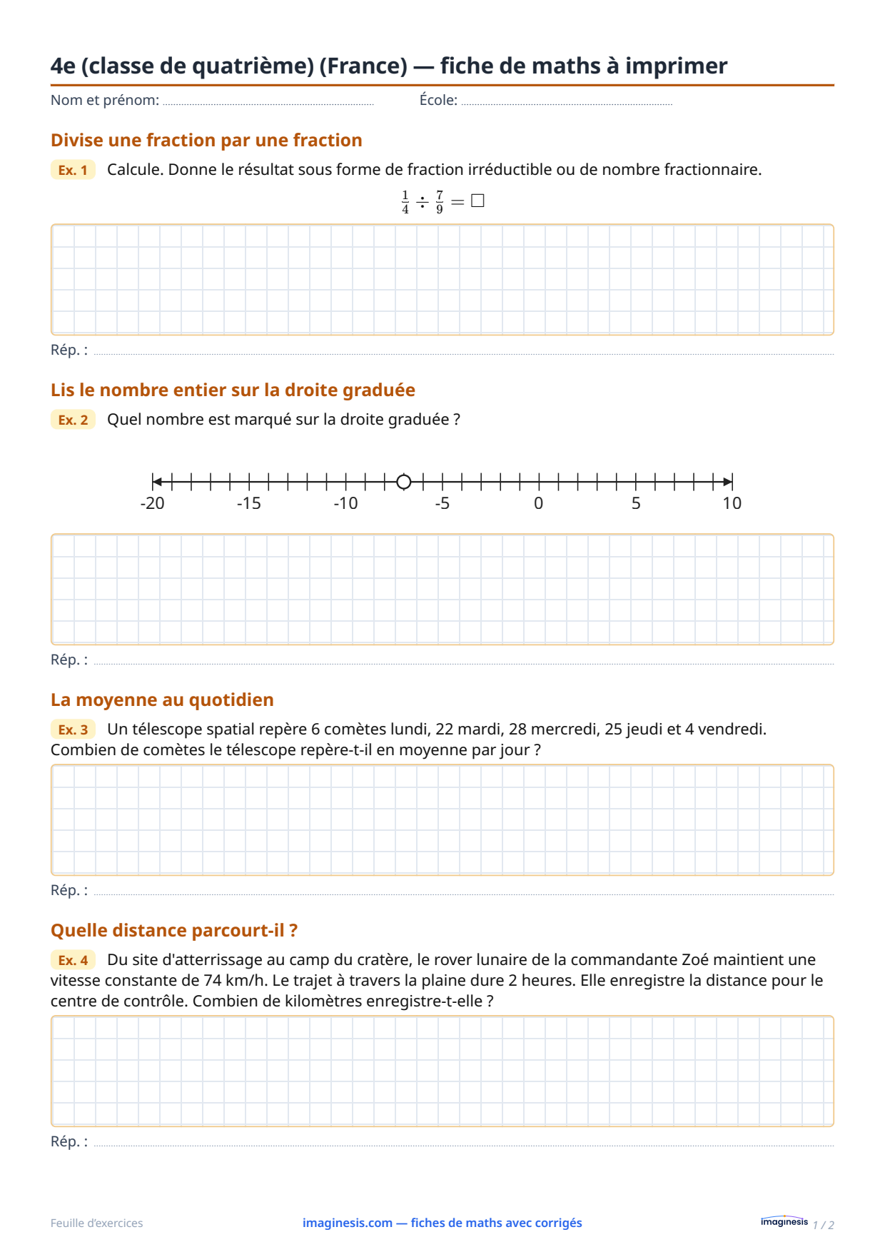 4e (classe de quatrième) (France) — fiche de maths à imprimer — Fiche élève : fiche de maths à imprimer (4e (classe de quatrième), France)