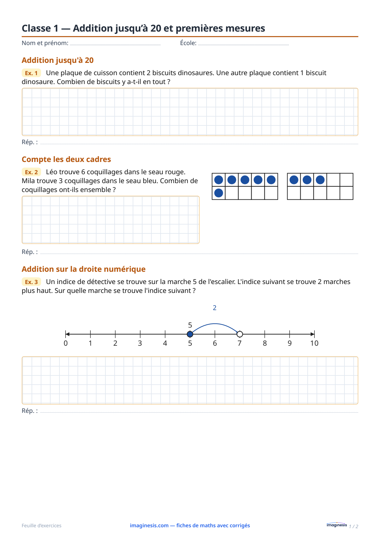 Classe 1 — Addition jusqu’à 20 et premières mesures — Fiche élève : fiche de maths à imprimer (1re année, Allemagne)