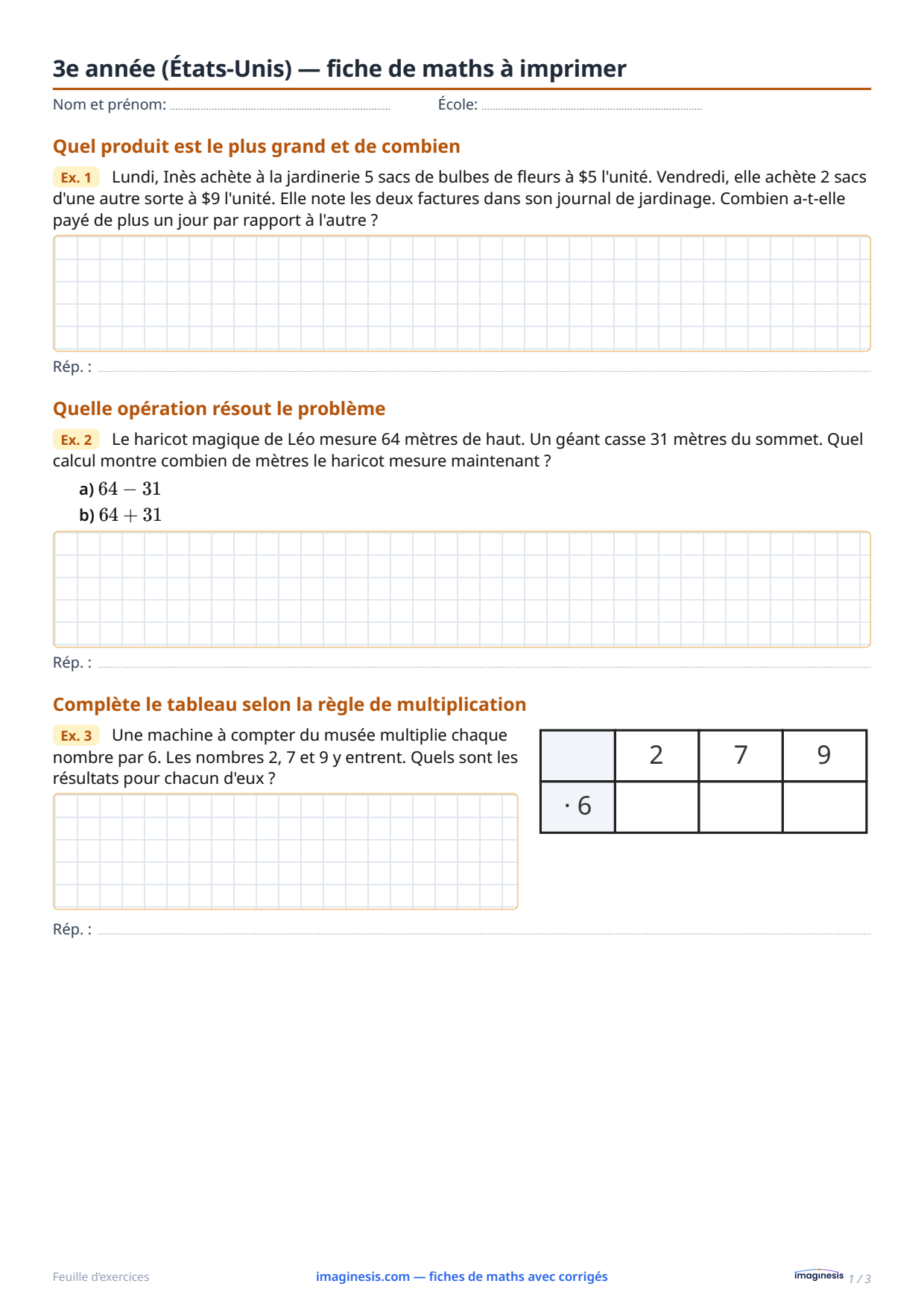 3e année (États-Unis) — fiche de maths à imprimer — Fiche élève : fiche de maths à imprimer (3e année, États-Unis)