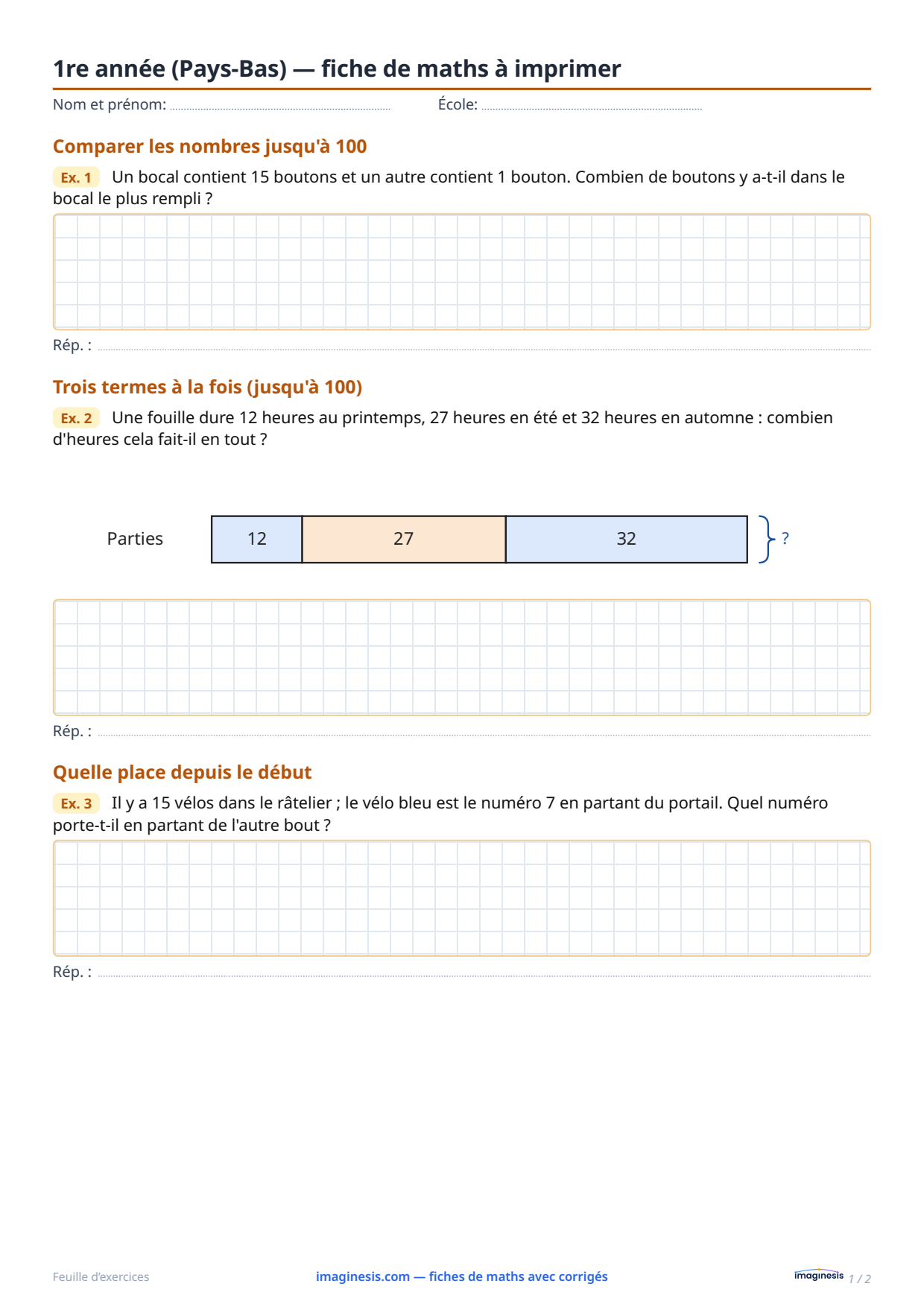1re année (Pays-Bas) — fiche de maths à imprimer — Fiche élève : fiche de maths à imprimer (1re année, Pays-Bas)