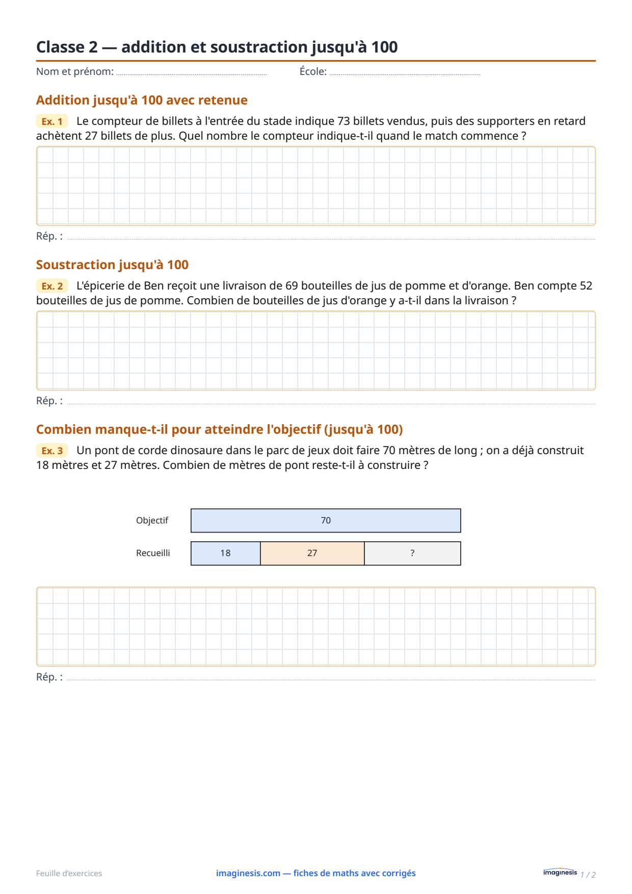 Classe 2 — addition et soustraction jusqu'à 100 — Fiche élève : fiche de maths à imprimer (2e année, Pologne)