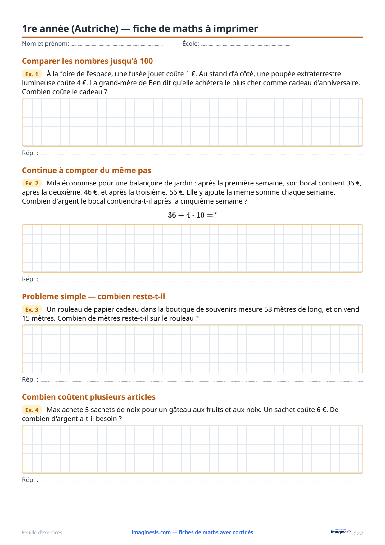 1re année (Autriche) — fiche de maths à imprimer — Fiche élève : fiche de maths à imprimer (1re année, Autriche)