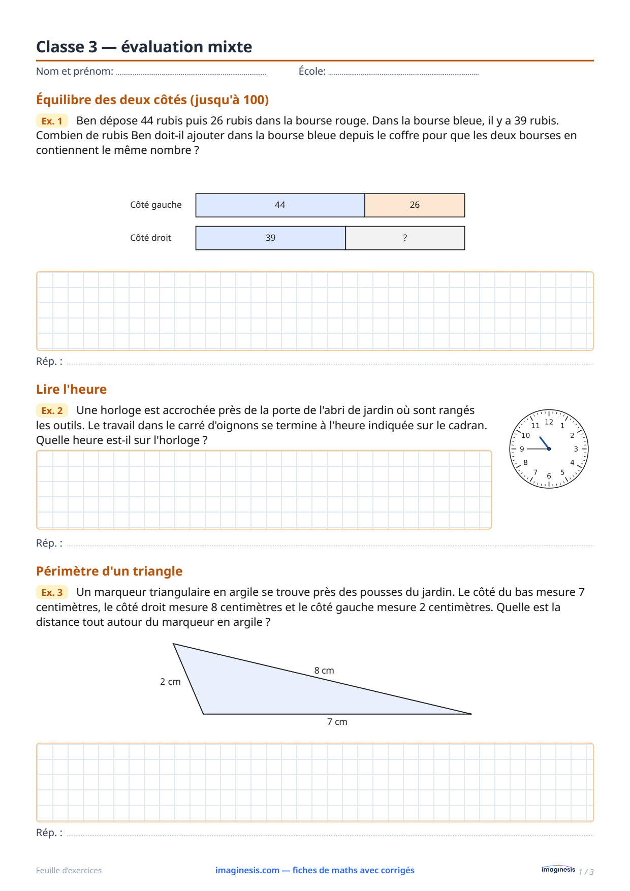 Classe 3 — évaluation mixte — Fiche élève : fiche de maths à imprimer (3e année, Pologne)