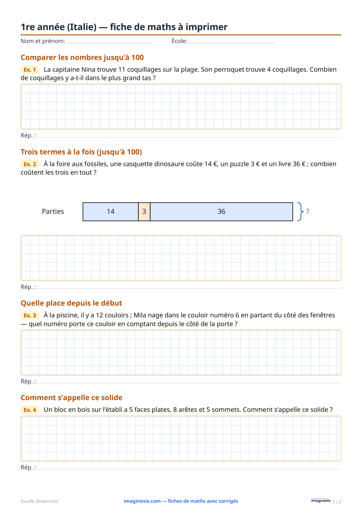1re année (Italie) — fiche de maths à imprimer — Fiche élève : fiche de maths à imprimer (1re année, Italie)