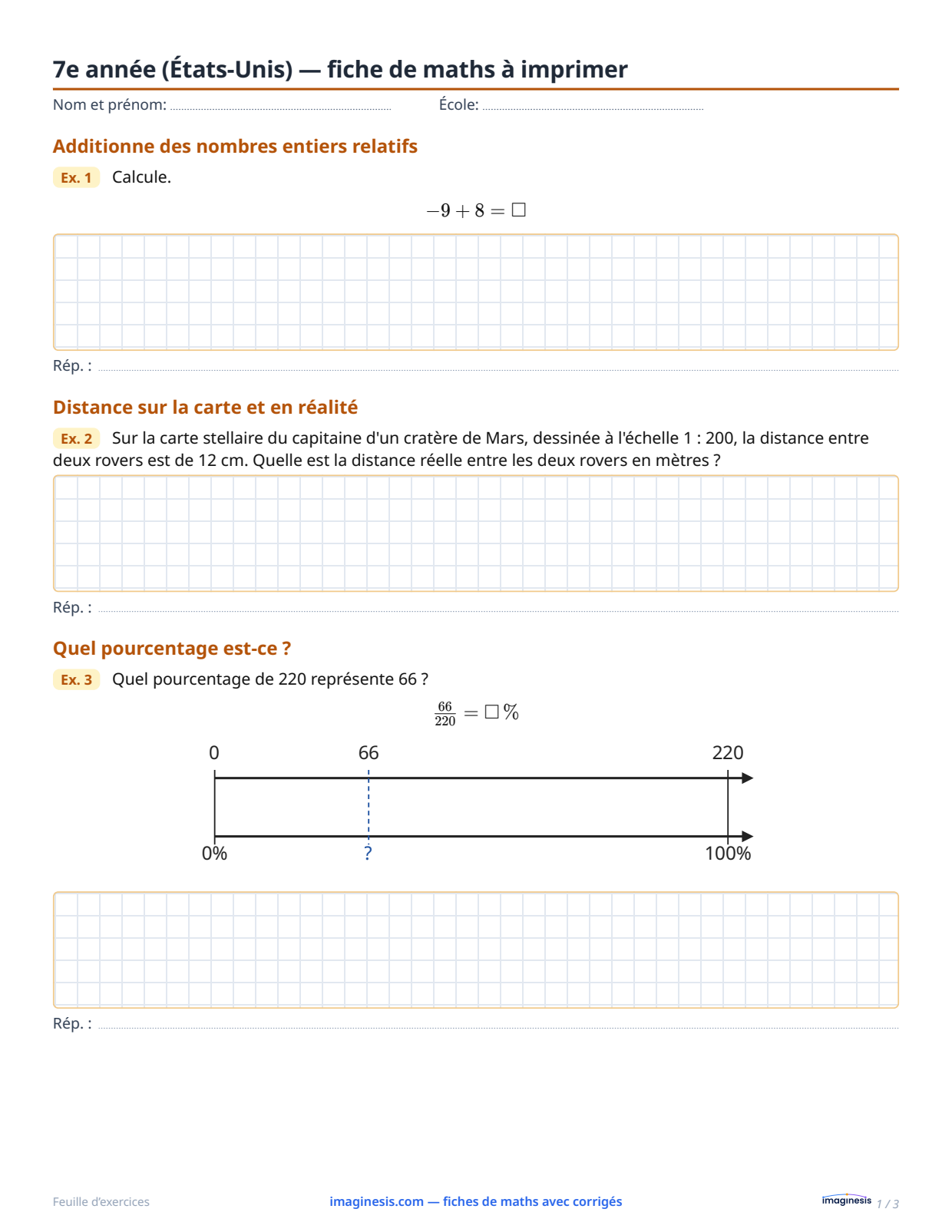 7e année (États-Unis) — fiche de maths à imprimer — Fiche élève : fiche de maths à imprimer (7e année, États-Unis)
