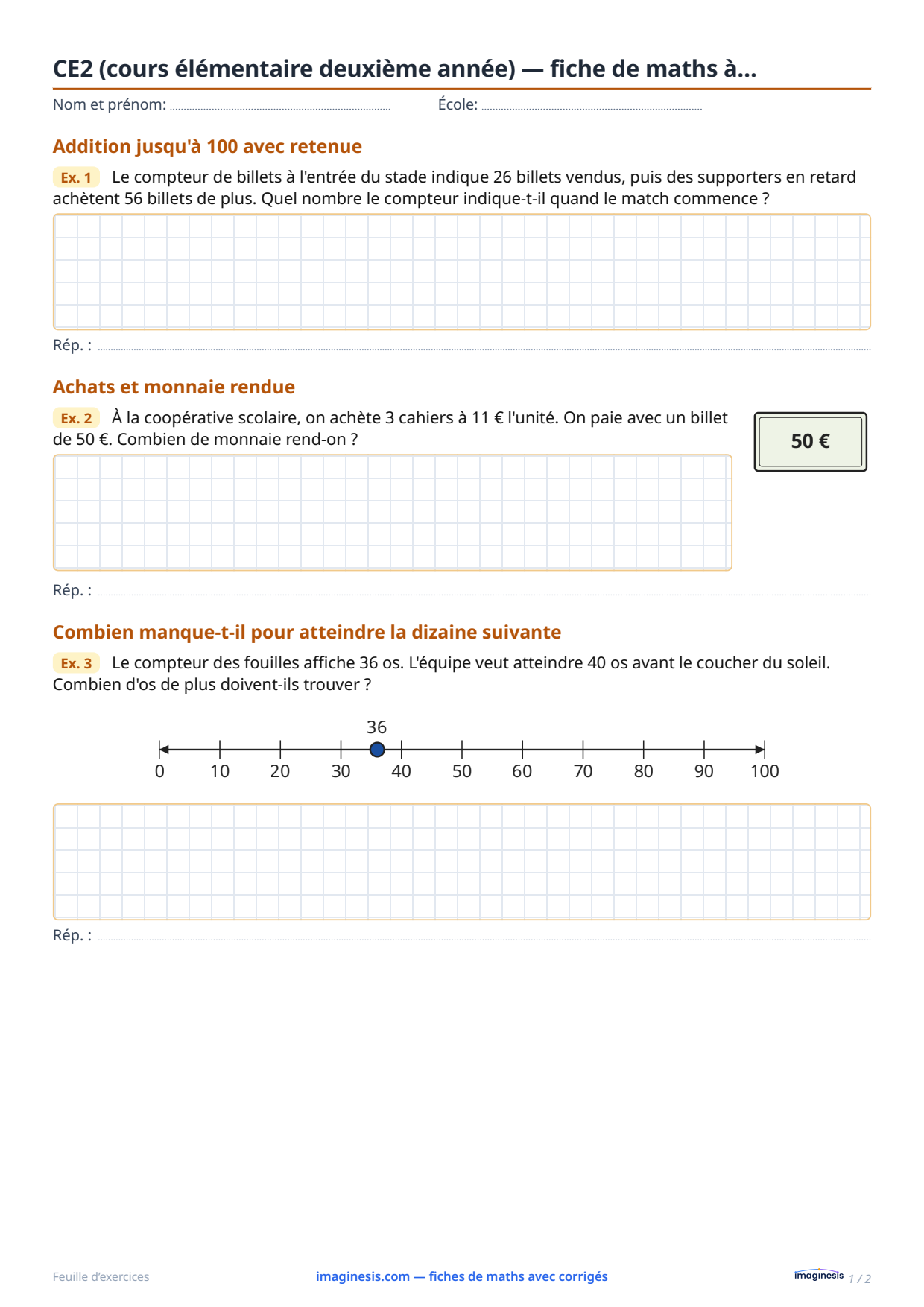 CE2 (cours élémentaire deuxième année) — fiche de maths à… — Fiche élève : fiche de maths à imprimer (CE2 (cours élémentaire deuxième année), France)