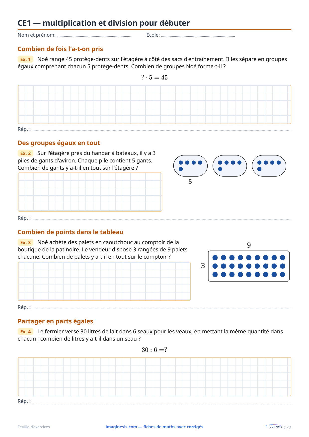 CE1 — multiplication et division pour débuter — Fiche élève : fiche de maths à imprimer (2e année, Pologne)