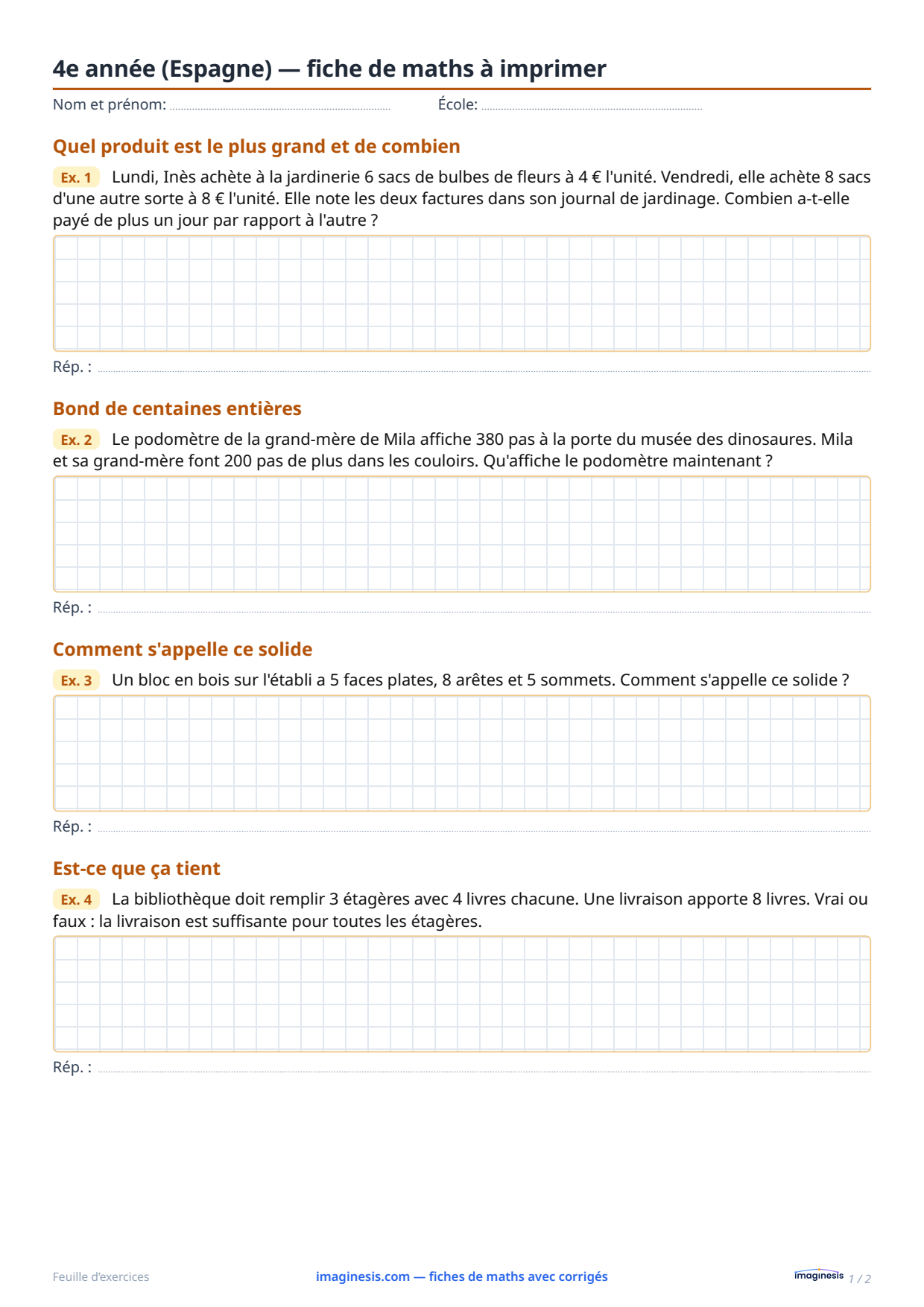 4e année (Espagne) — fiche de maths à imprimer — Fiche élève : fiche de maths à imprimer (4e année, Espagne)