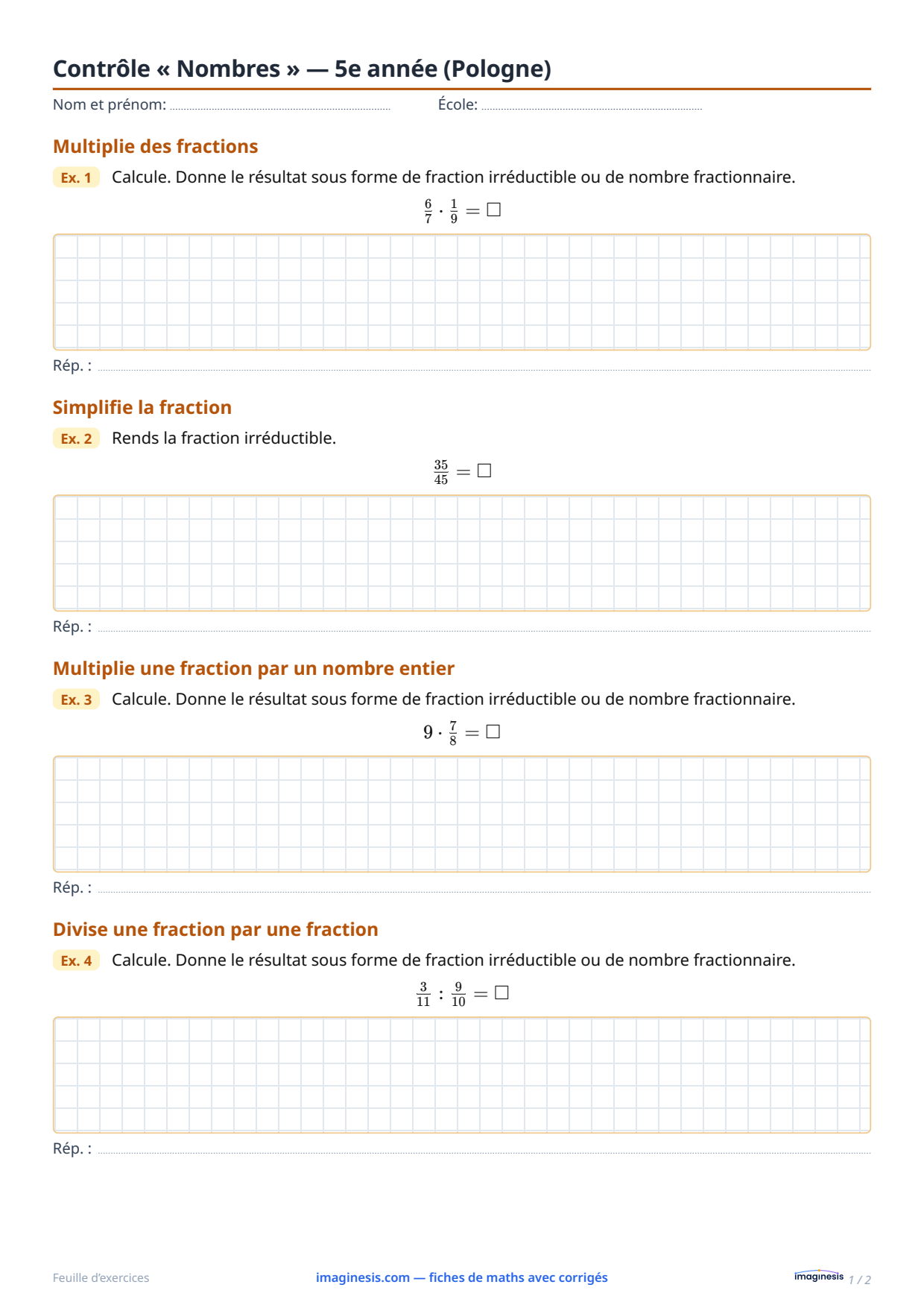 Contrôle « Nombres » — 5e année (Pologne) — Fiche élève : fiche de maths à imprimer (5e année, Pologne)