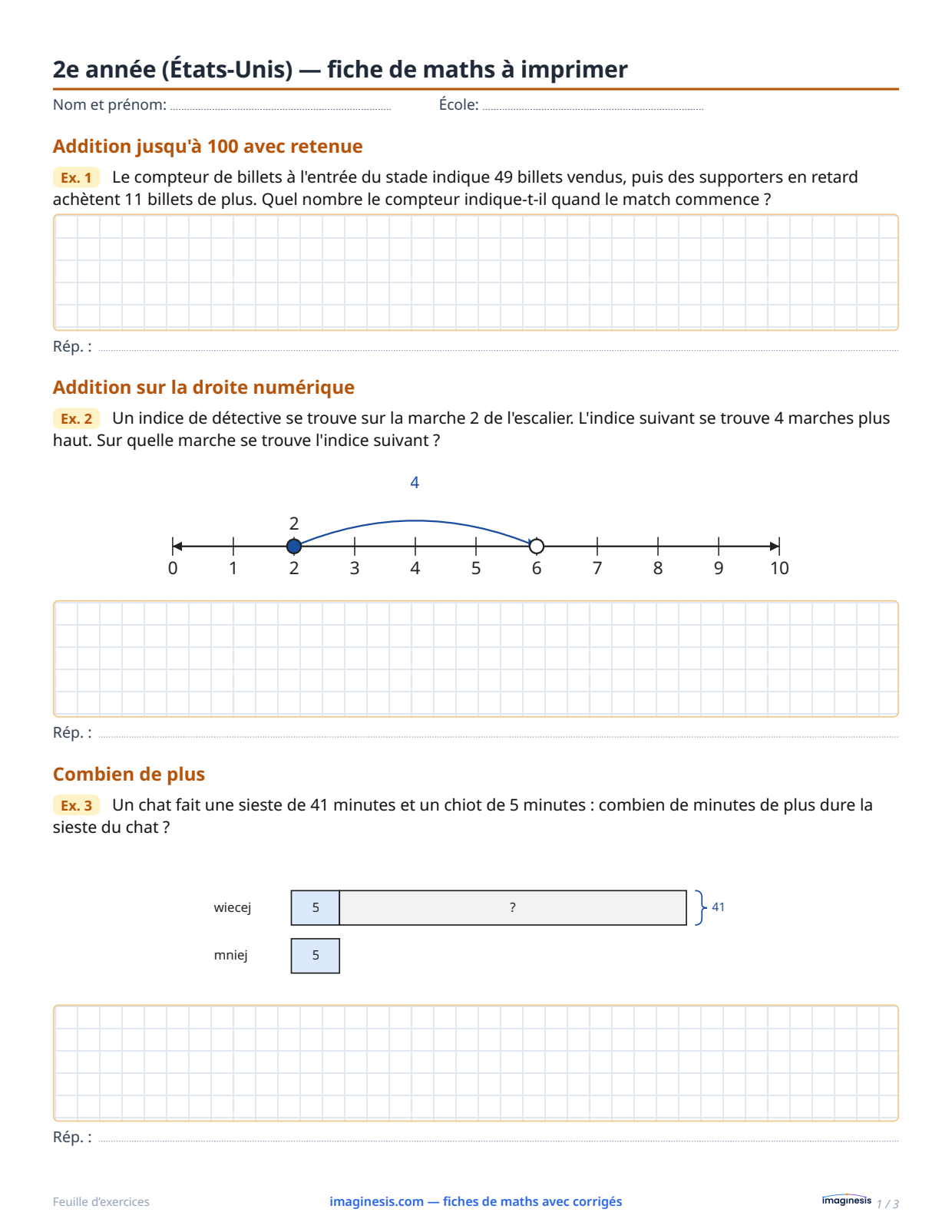 2e année (États-Unis) — fiche de maths à imprimer — Fiche élève : fiche de maths à imprimer (2e année, États-Unis)