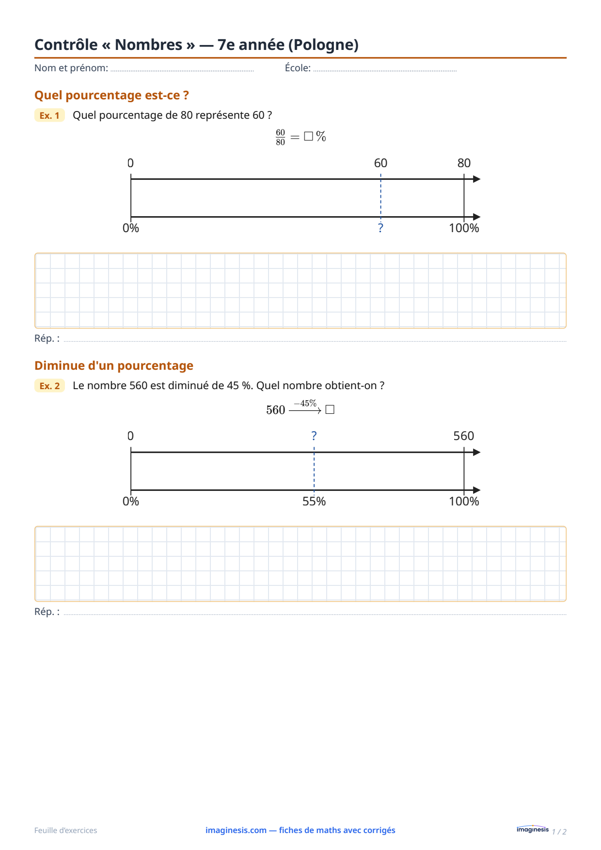 Contrôle « Nombres » — 7e année (Pologne) — Fiche élève : fiche de maths à imprimer (7e année, Pologne)