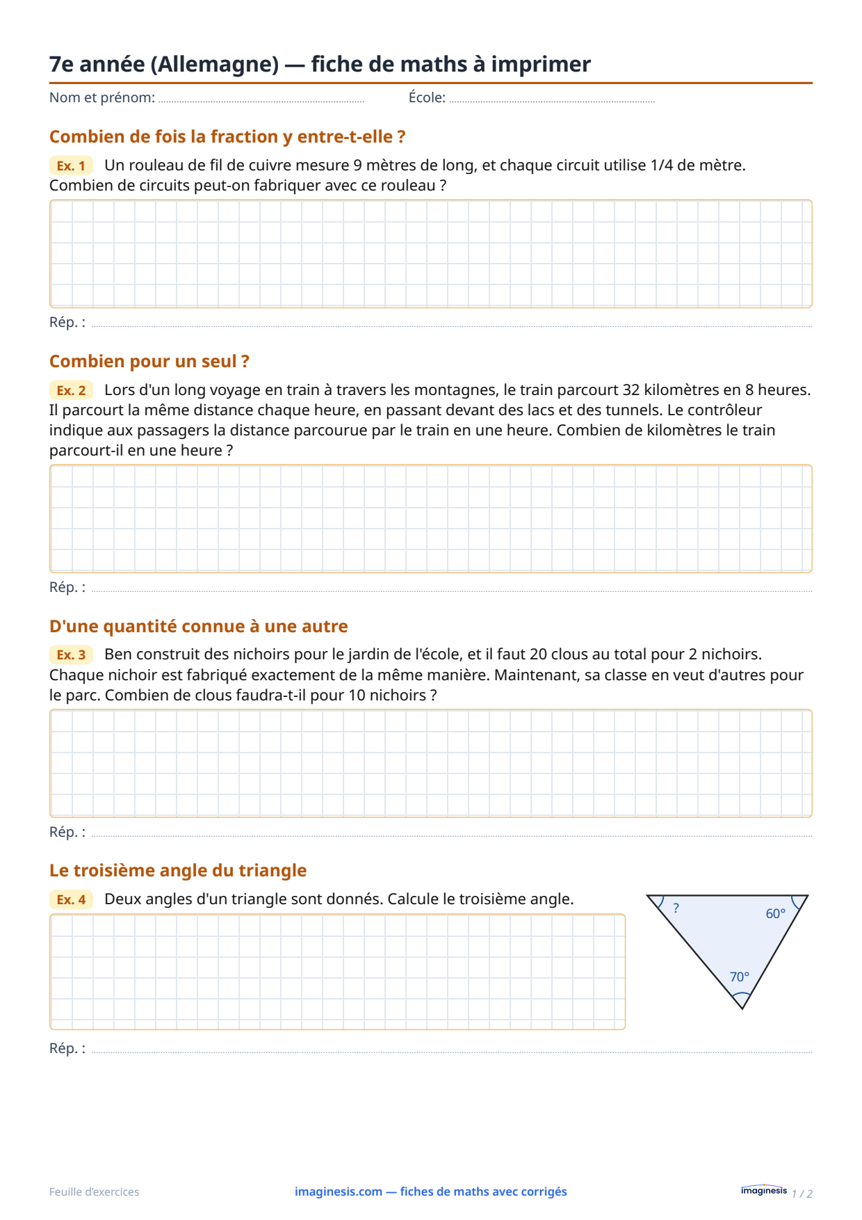 7e année (Allemagne) — fiche de maths à imprimer — Fiche élève : fiche de maths à imprimer (7e année, Allemagne)