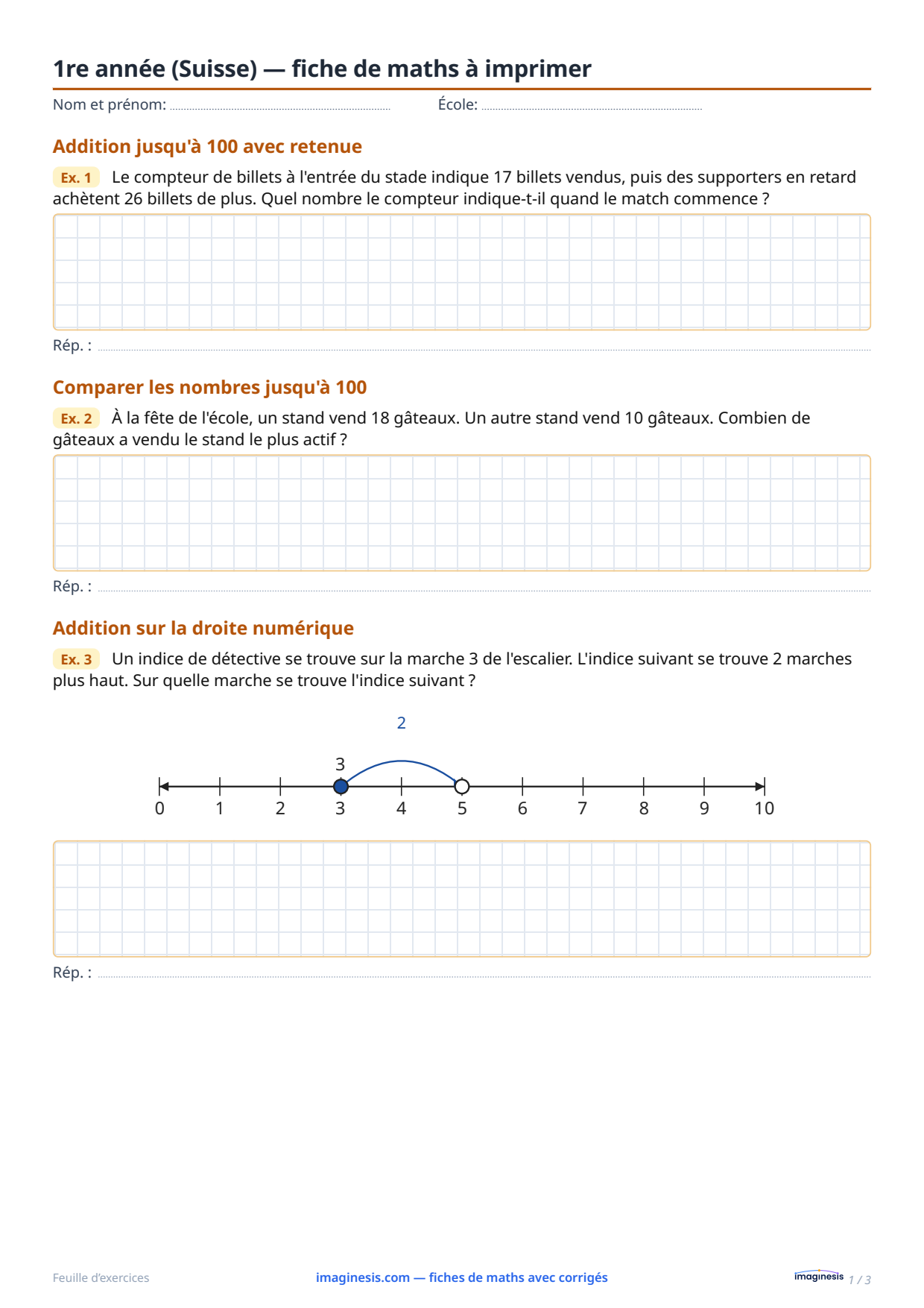 1re année (Suisse) — fiche de maths à imprimer — Fiche élève : fiche de maths à imprimer (1re année, Suisse)