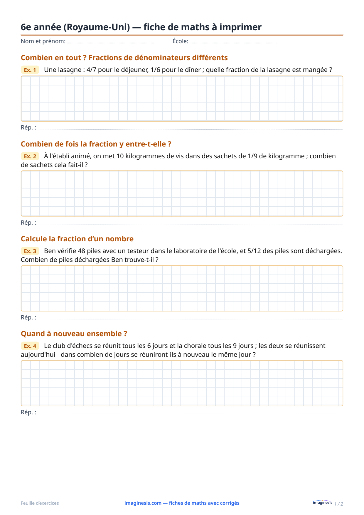 6e année (Royaume-Uni) — fiche de maths à imprimer — Fiche élève : fiche de maths à imprimer (6e année, Royaume-Uni)