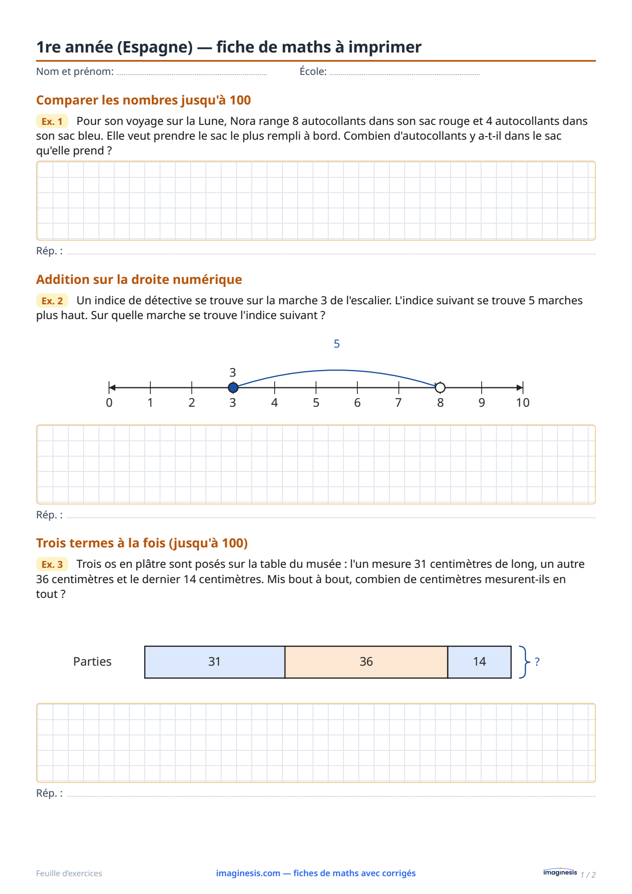 1re année (Espagne) — fiche de maths à imprimer — Fiche élève : fiche de maths à imprimer (1re année, Espagne)