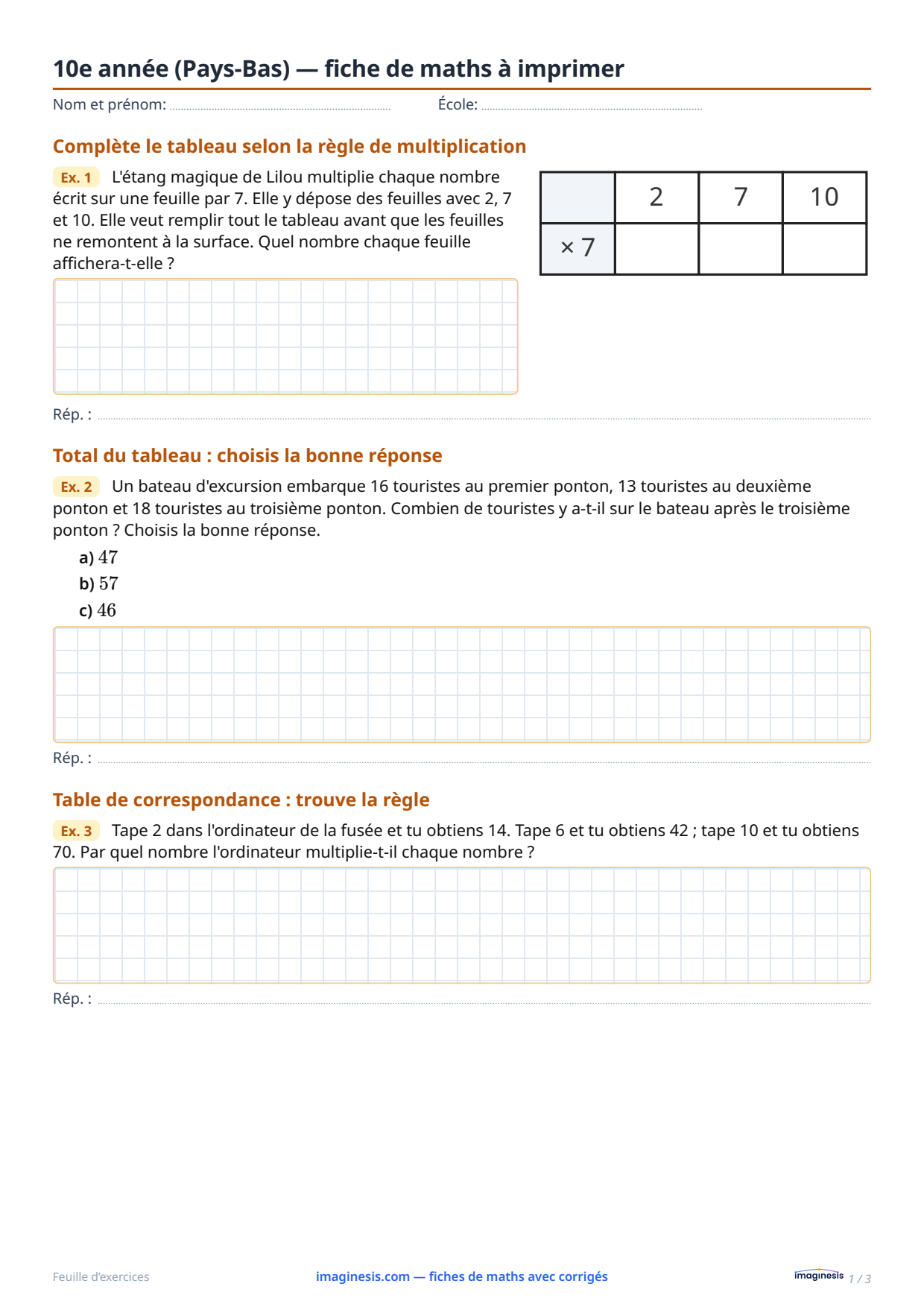 10e année (Pays-Bas) — fiche de maths à imprimer — Fiche élève : fiche de maths à imprimer (10e année, Pays-Bas)
