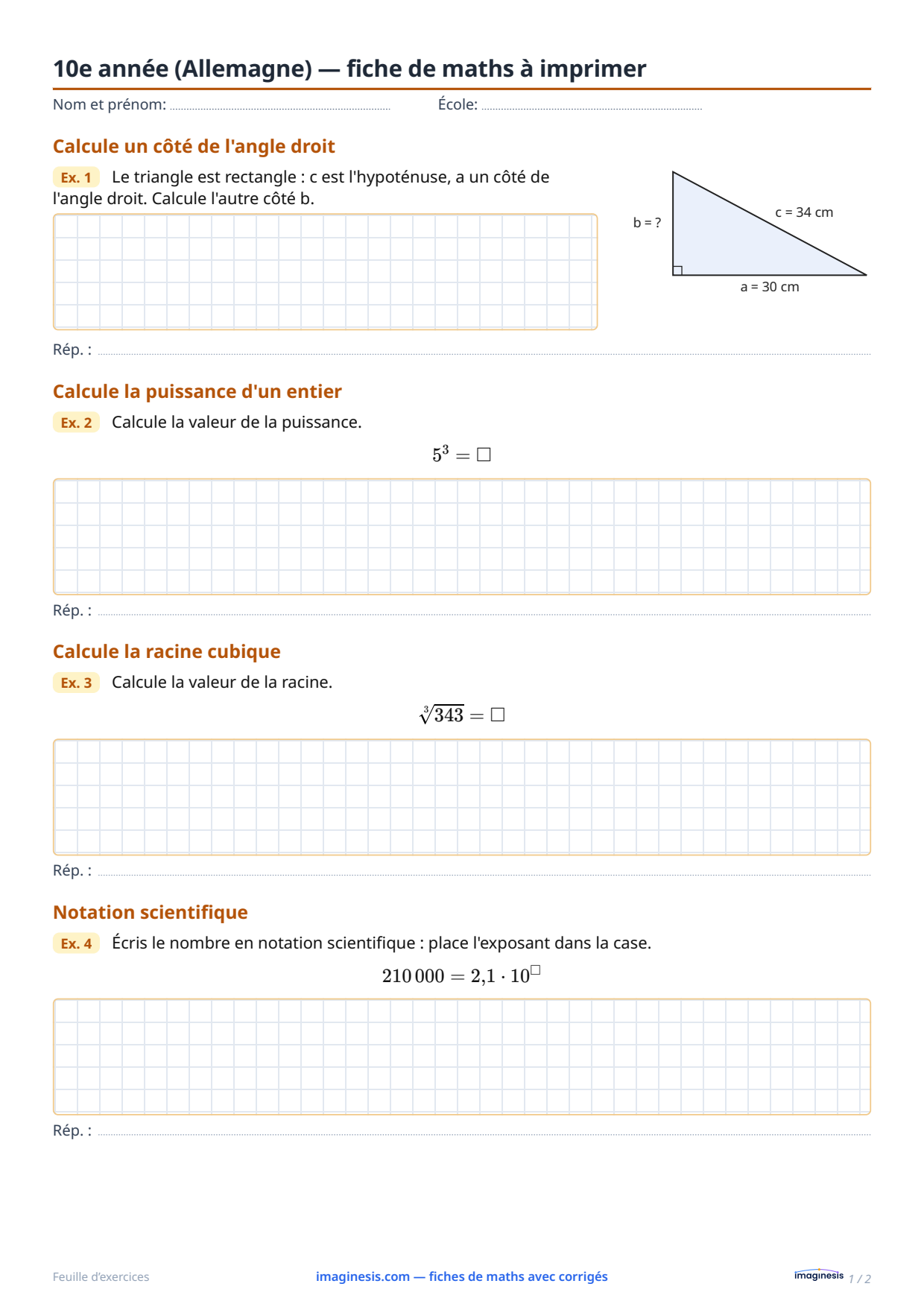 10e année (Allemagne) — fiche de maths à imprimer — Fiche élève : fiche de maths à imprimer (10e année, Allemagne)