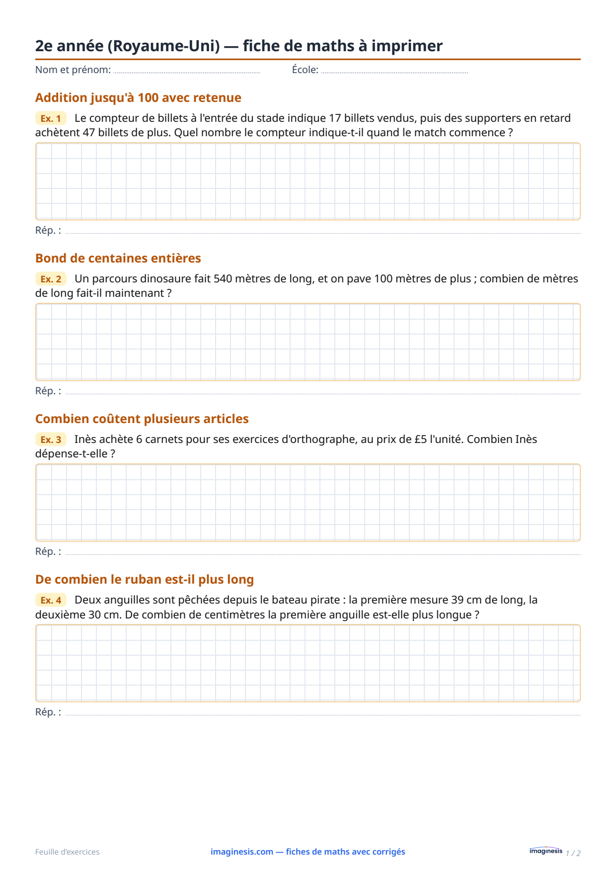 2e année (Royaume-Uni) — fiche de maths à imprimer — Fiche élève : fiche de maths à imprimer (2e année, Royaume-Uni)
