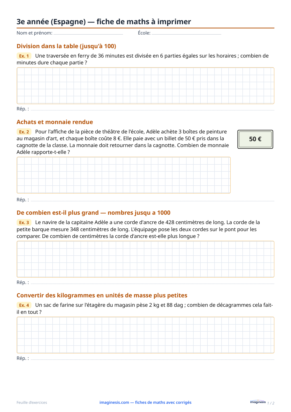 3e année (Espagne) — fiche de maths à imprimer — Fiche élève : fiche de maths à imprimer (3e année, Espagne)