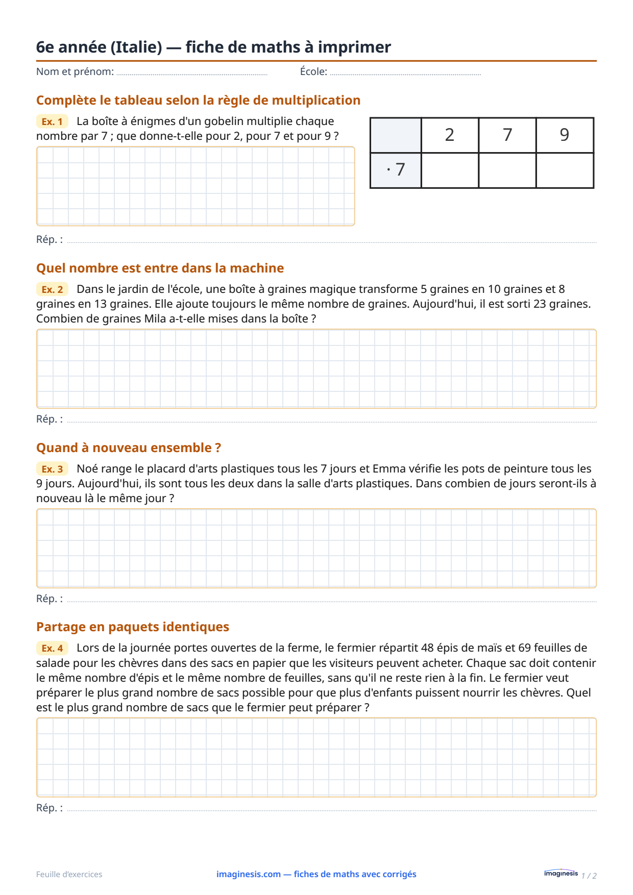 6e année (Italie) — fiche de maths à imprimer — Fiche élève : fiche de maths à imprimer (6e année, Italie)