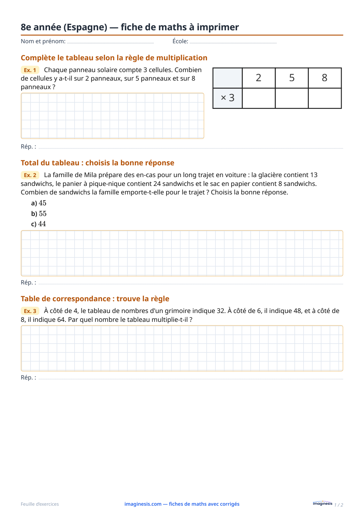 8e année (Espagne) — fiche de maths à imprimer — Fiche élève : fiche de maths à imprimer (8e année, Espagne)