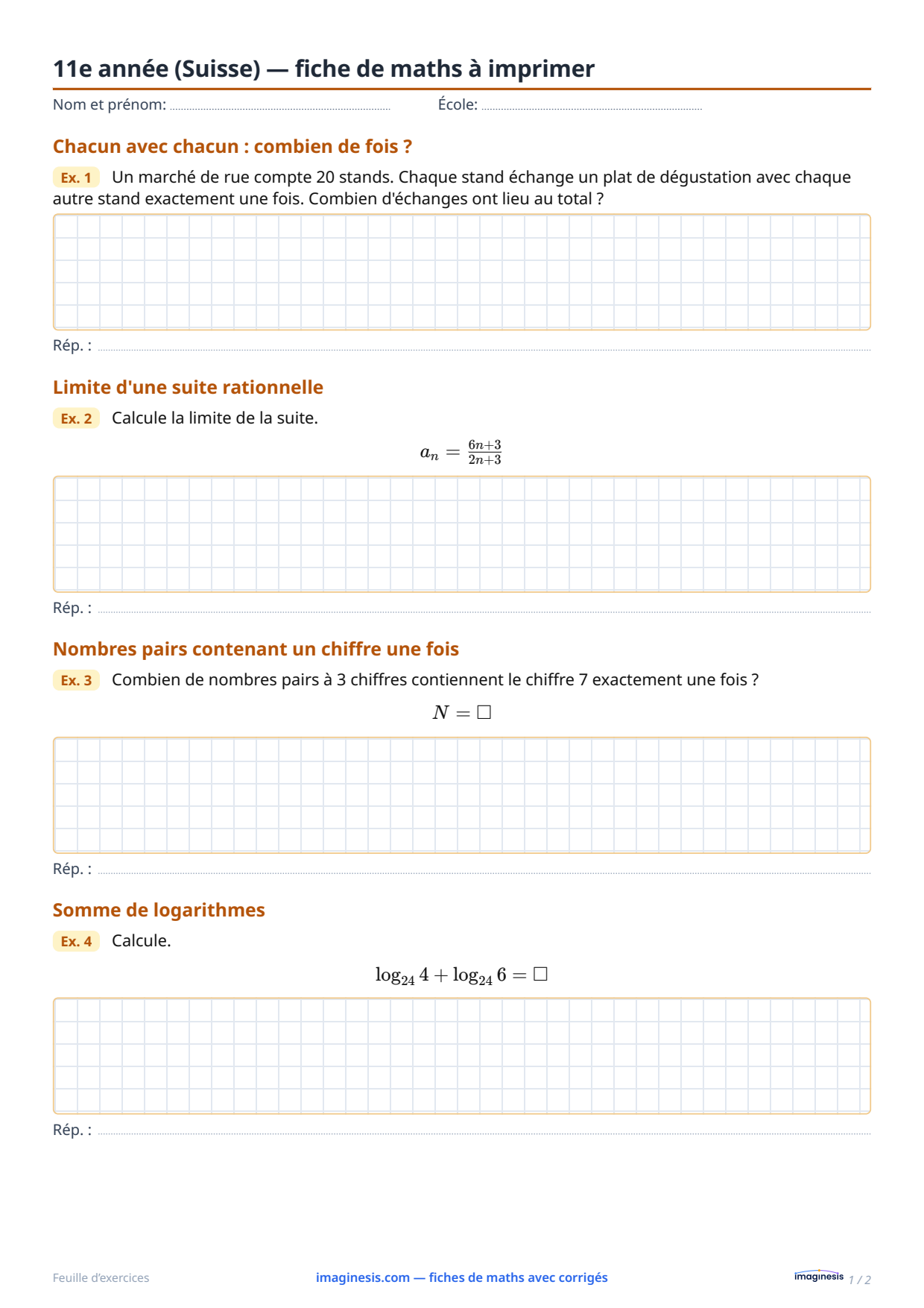 11e année (Suisse) — fiche de maths à imprimer — Fiche élève : fiche de maths à imprimer (11e année, Suisse)