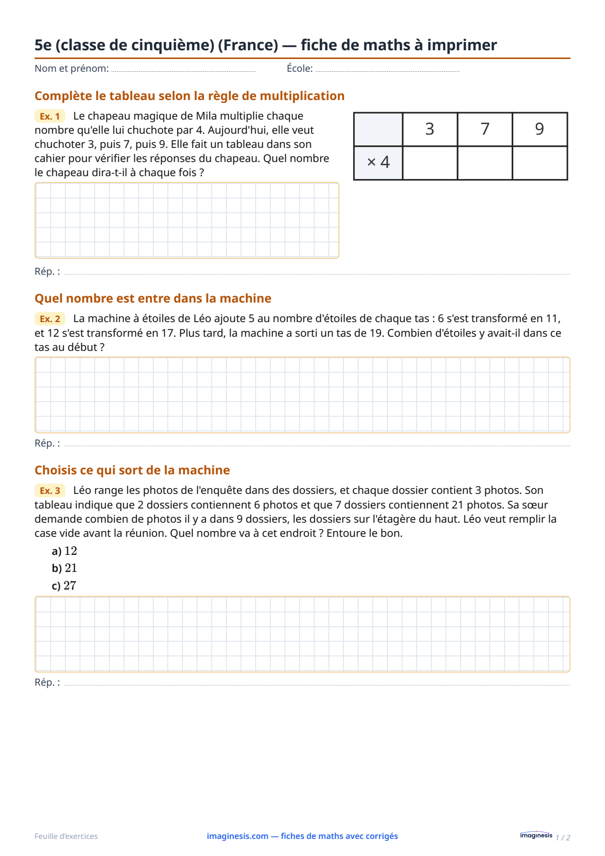 5e (classe de cinquième) (France) — fiche de maths à imprimer — Fiche élève : fiche de maths à imprimer (5e (classe de cinquième), France)
