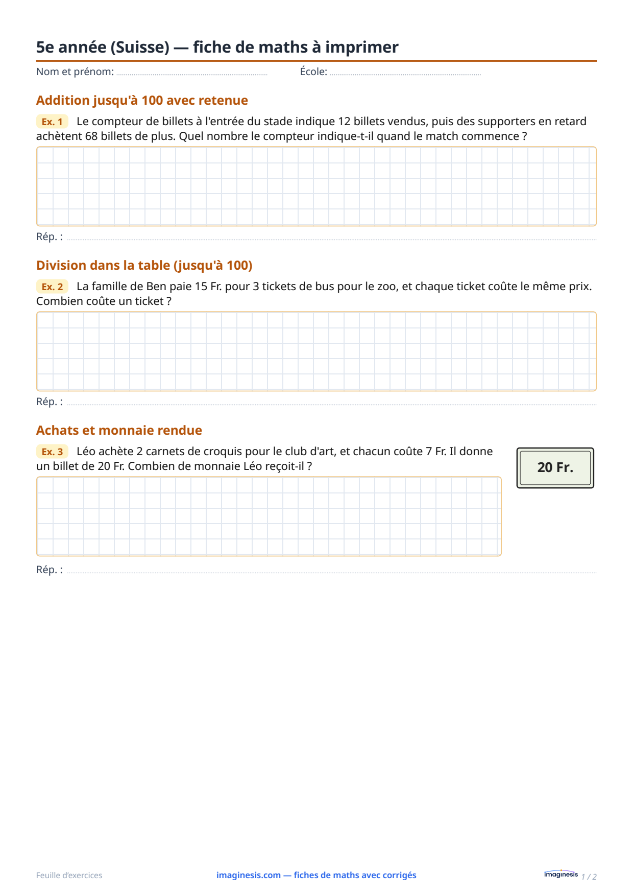 5e année (Suisse) — fiche de maths à imprimer — Fiche élève : fiche de maths à imprimer (5e année, Suisse)