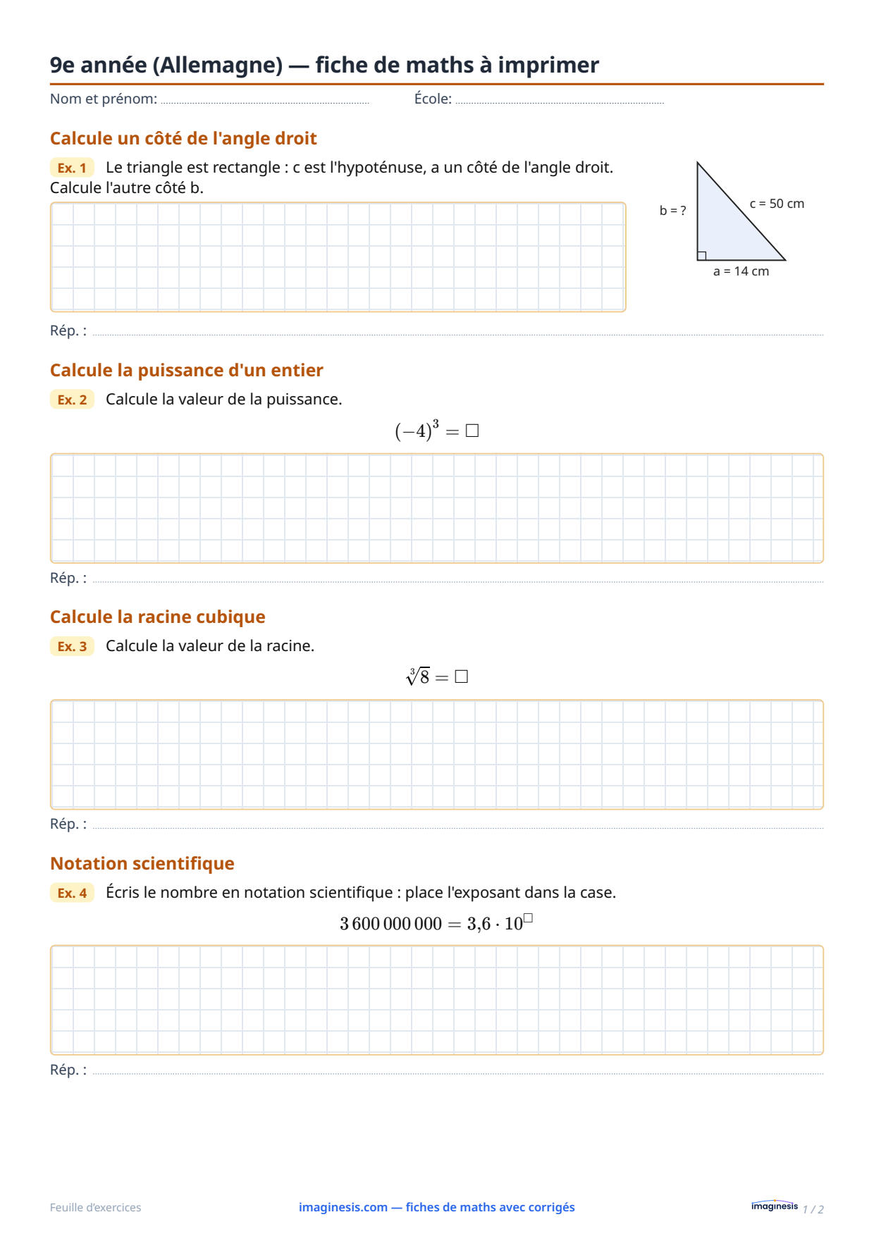 9e année (Allemagne) — fiche de maths à imprimer — Fiche élève : fiche de maths à imprimer (9e année, Allemagne)