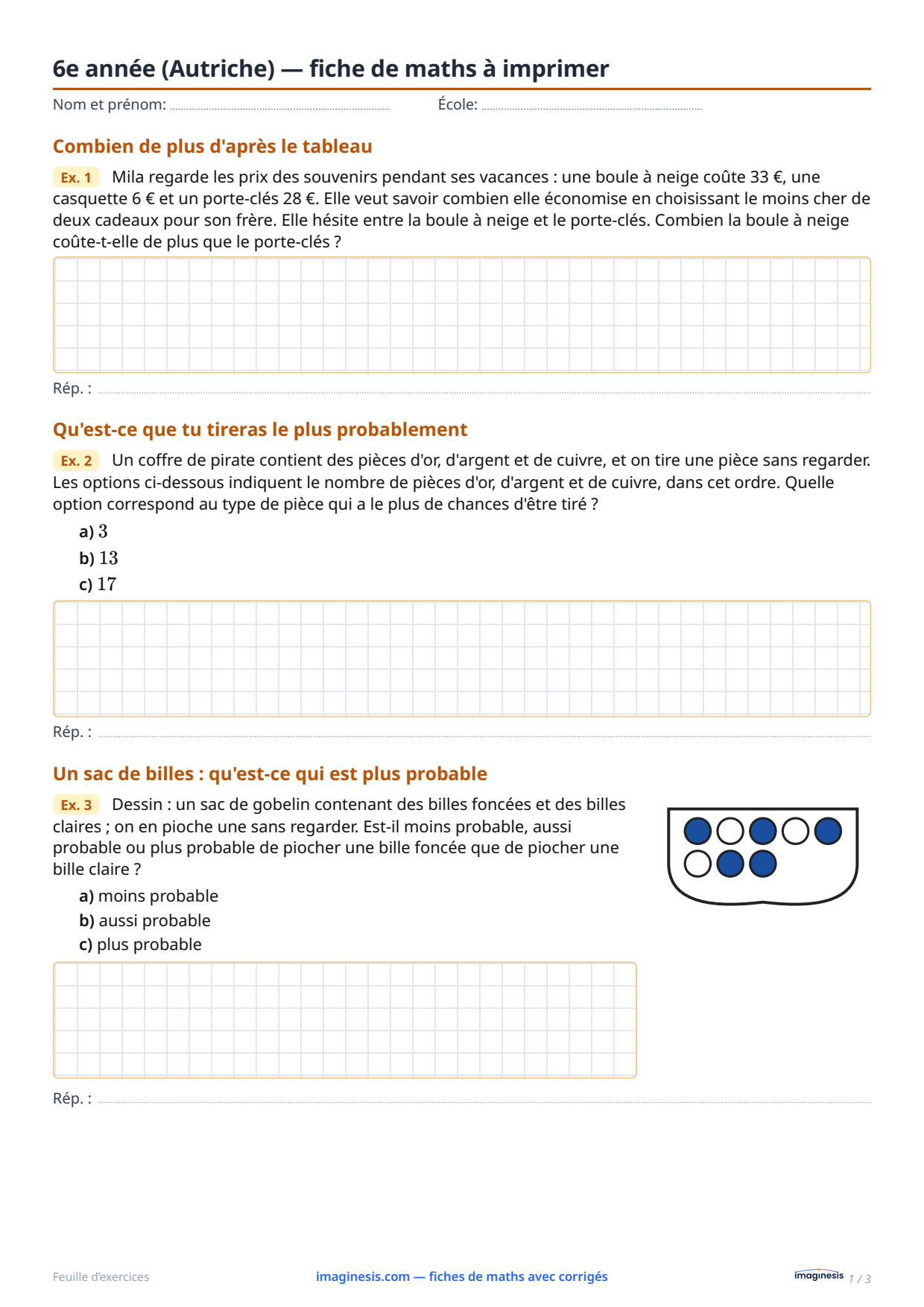 6e année (Autriche) — fiche de maths à imprimer — Fiche élève : fiche de maths à imprimer (6e année, Autriche)
